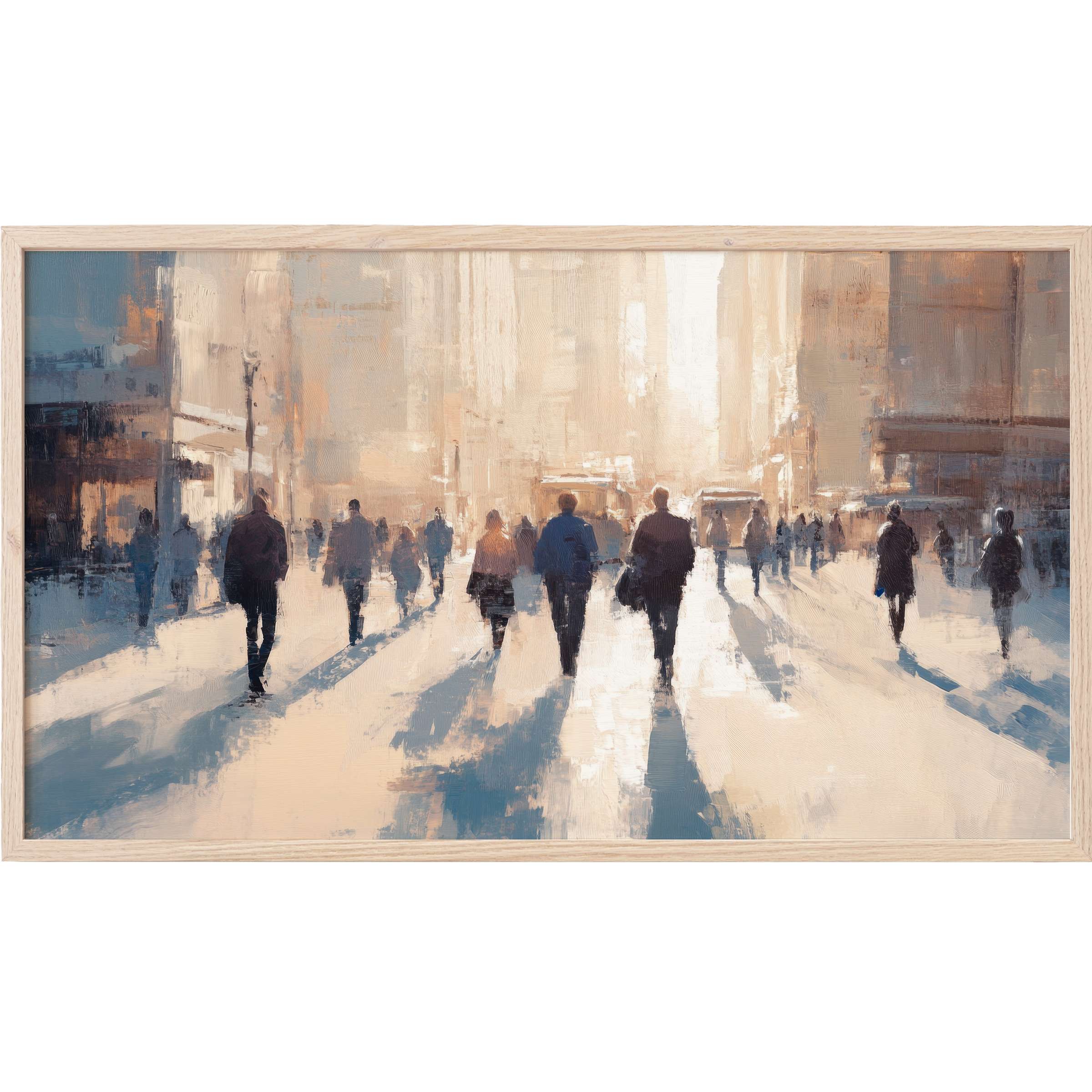 Urban Frame TV Art depicting a sunlit city street with blurred figures in muted beige, blue, and gray tones