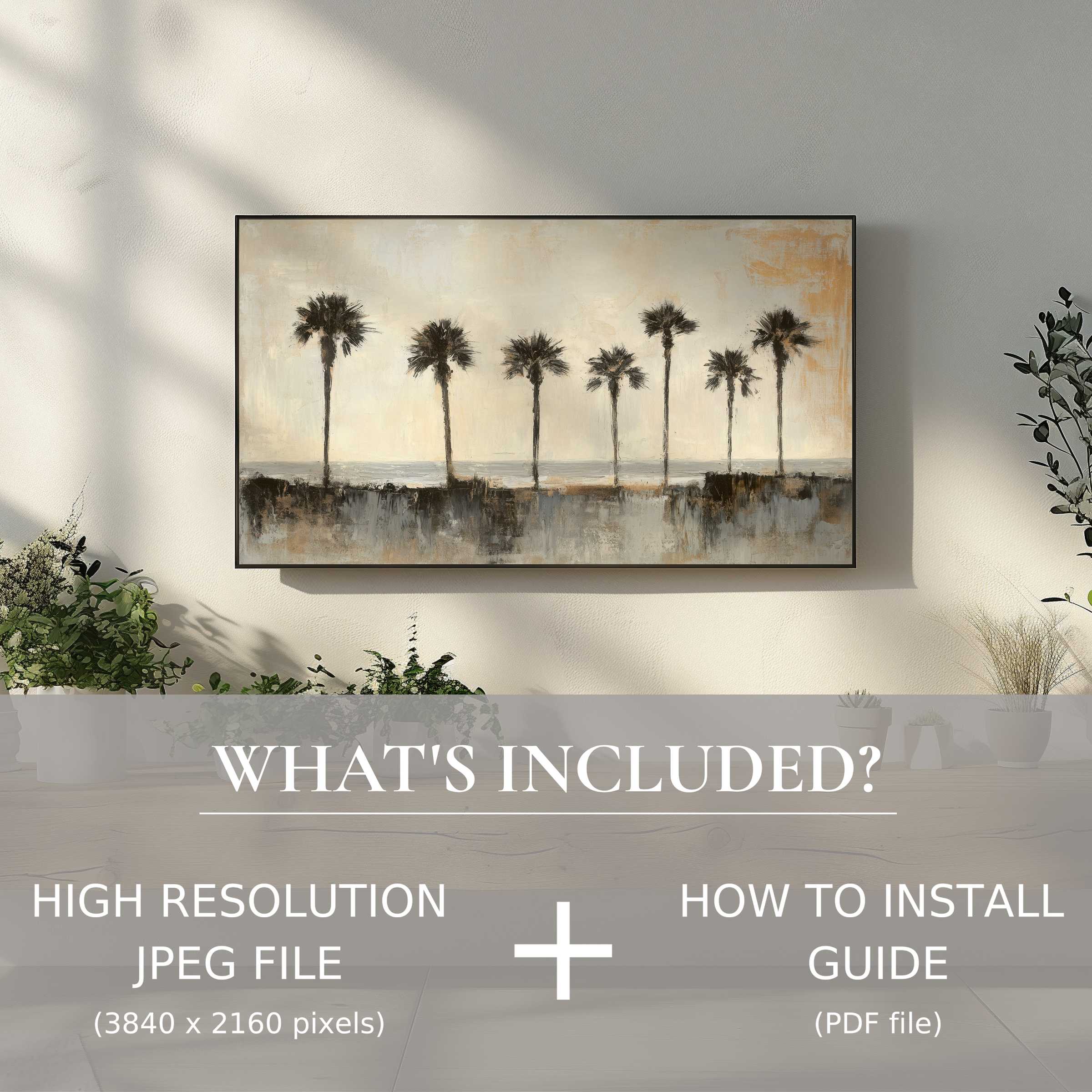 Elegant living space enhanced with coastal digital TV art download, offering easy digital use and serene palm tree design