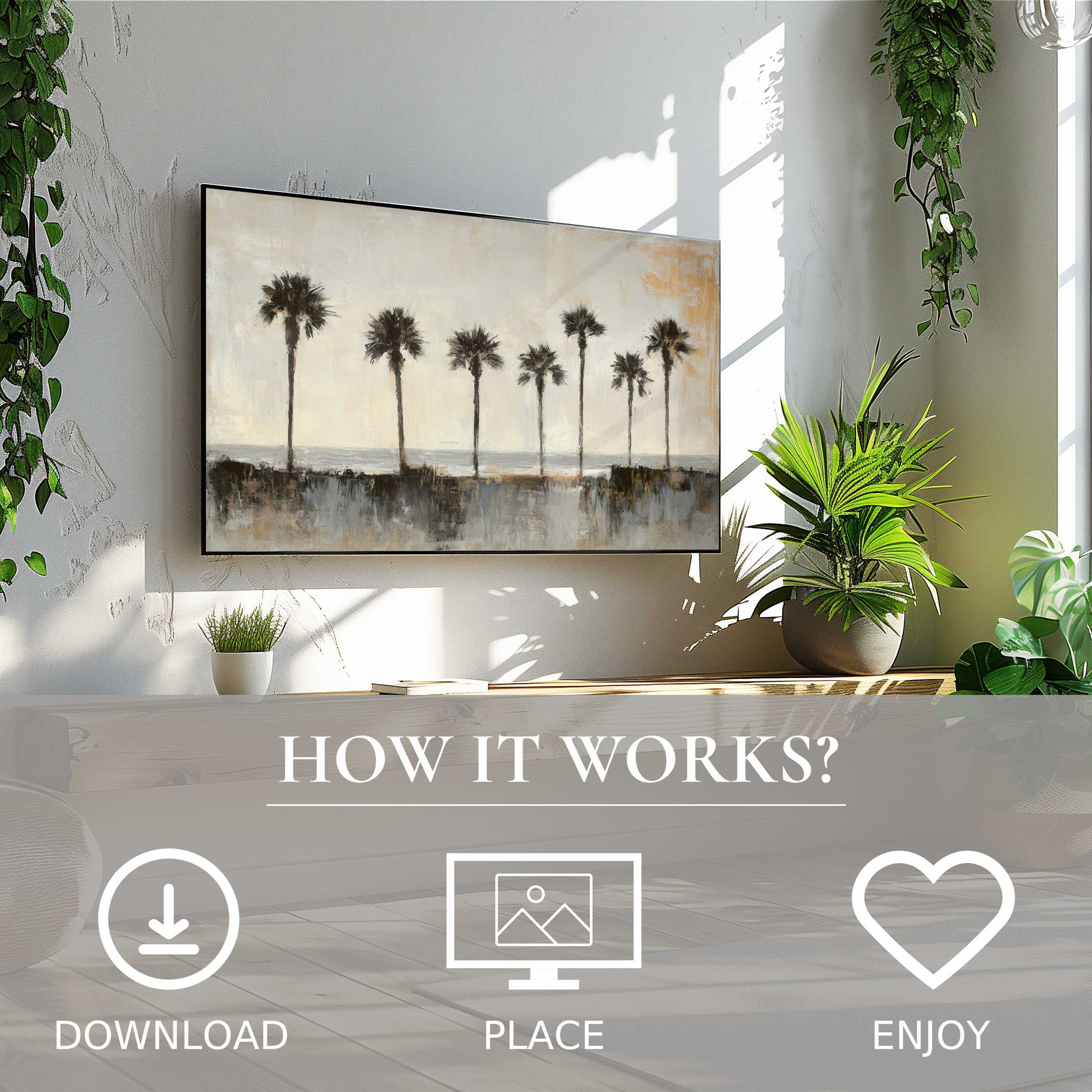 Coastal art for Samsung TV with soft sunset tones, easy digital download, enriching minimalist living with warm abstract decor