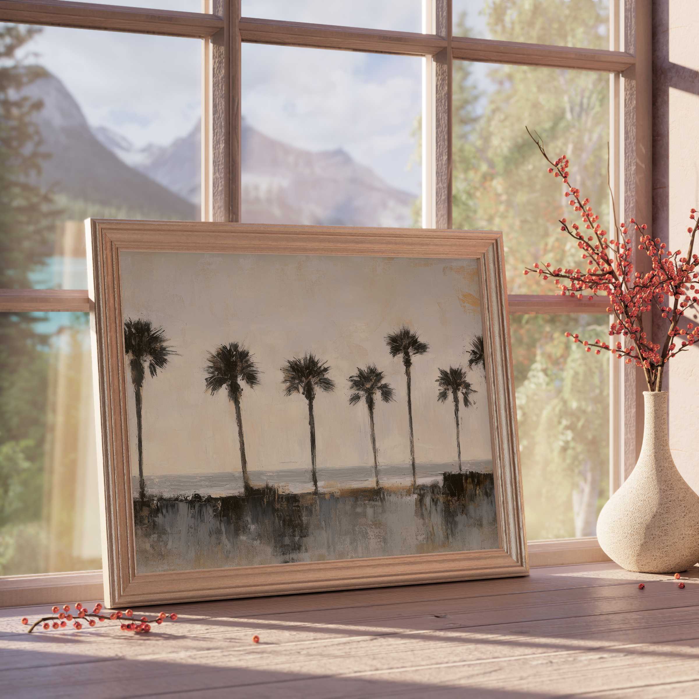 Coastal downloadable art with serene palm silhouettes, enriching tranquil, curated interiors with warm, sophisticated coastal charm