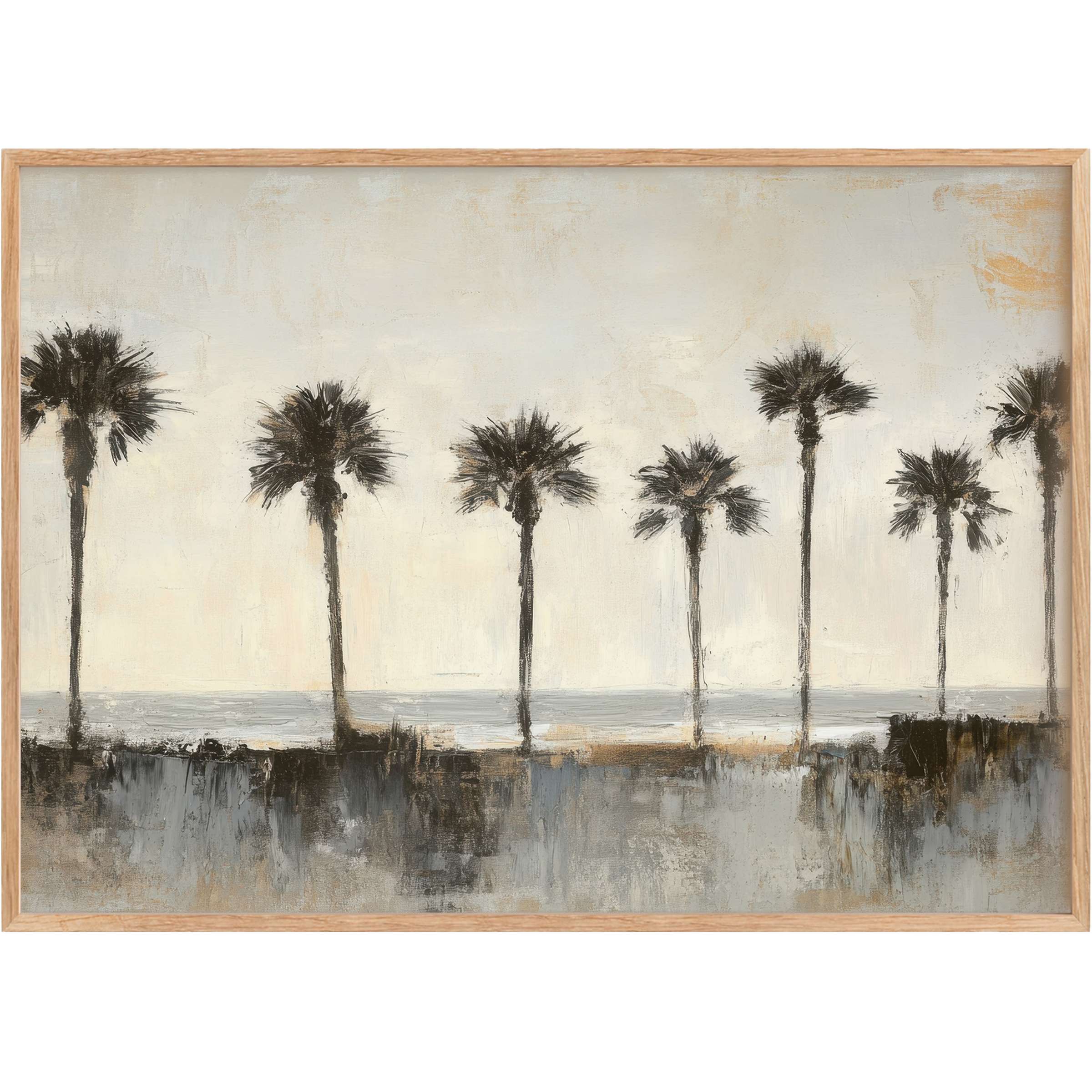 Coastal printable wall art featuring serene palm silhouettes in muted grays and soft beiges, evoking calm coastal elegance