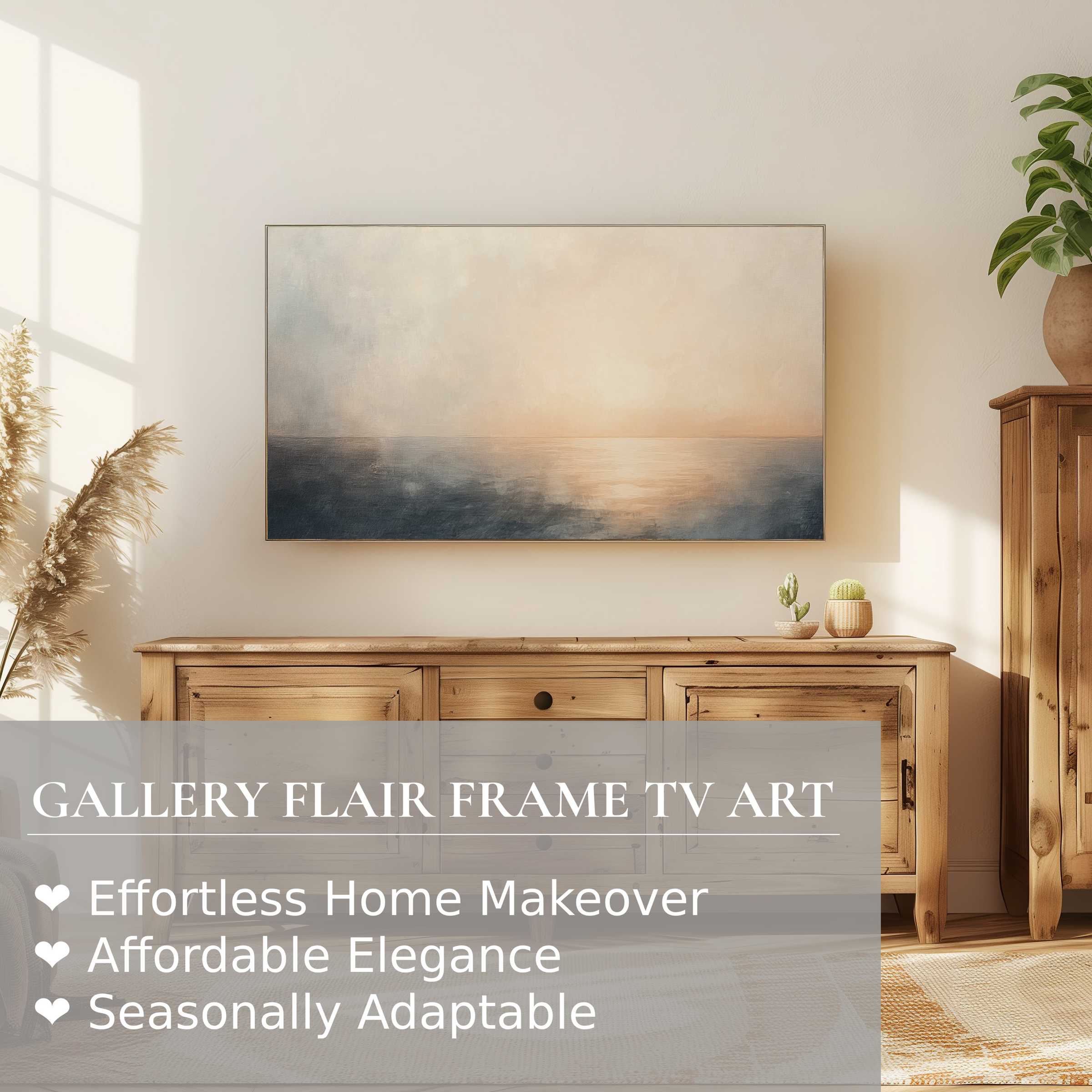 Elegant summer digital artwork on Samsung Frame TV, blending soft hues in a serene, modern living space