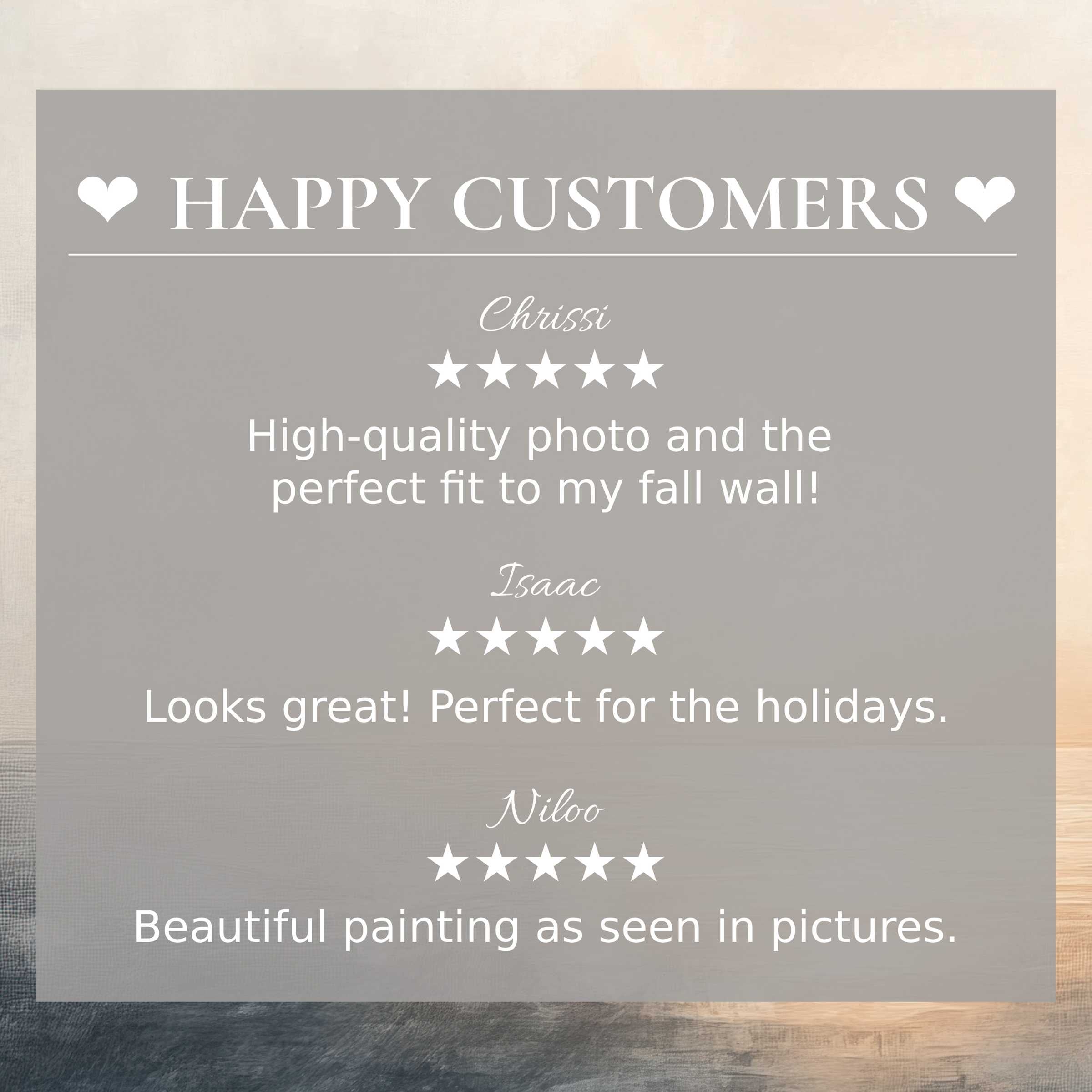 Elegant layout with abstract sunset hues highlights happy customer reviews, inspiring trust in summer art for Frame TV