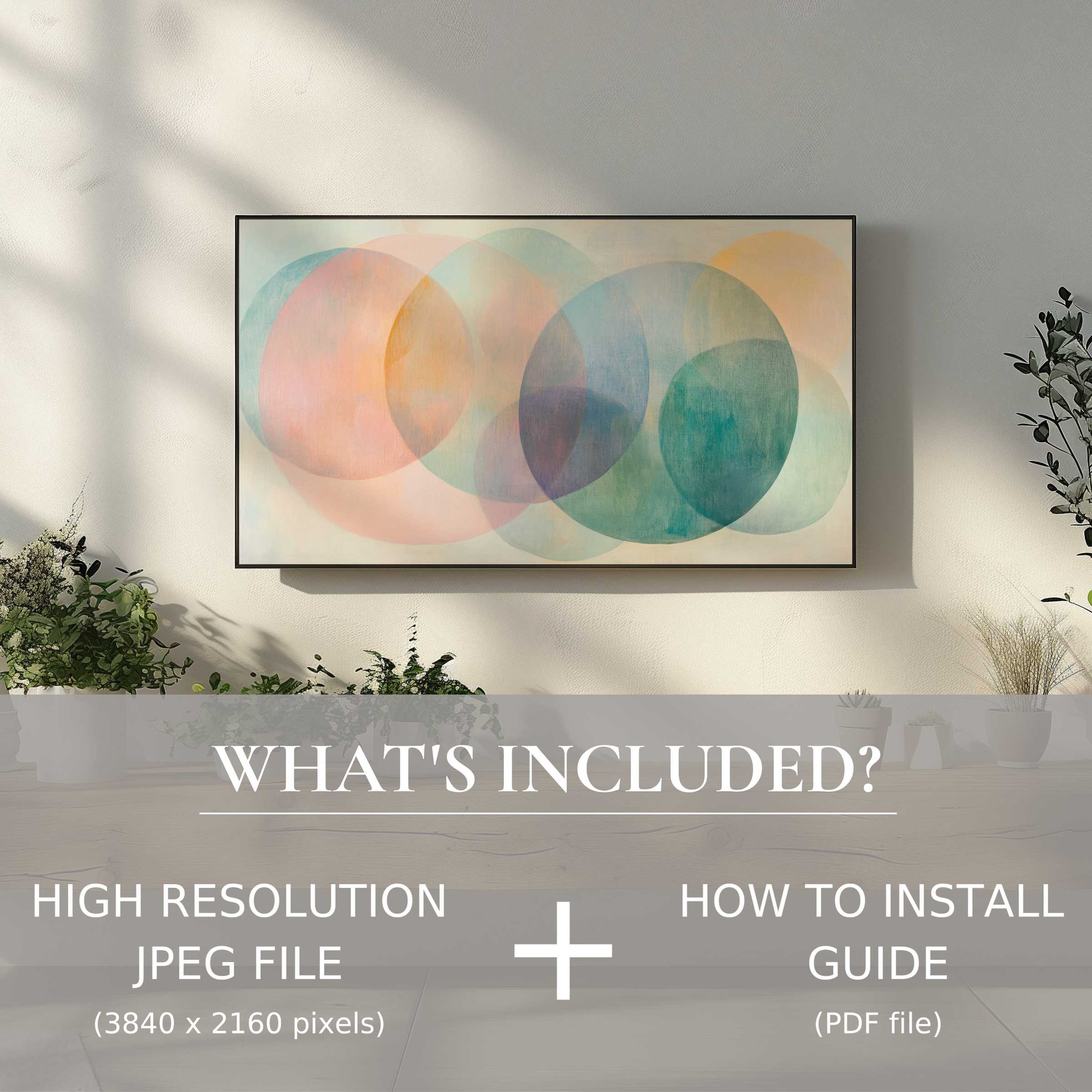 Modern digital TV art download with easy use, enhancing living space elegance through abstract, colorful circles