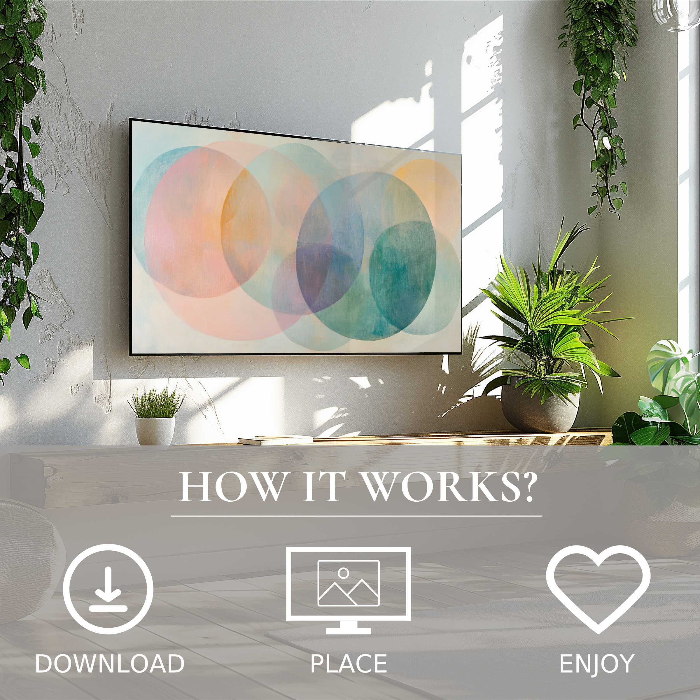 Modern art for Samsung TV with soft color flow motif, easy digital download enhances bright, plant-filled living spaces