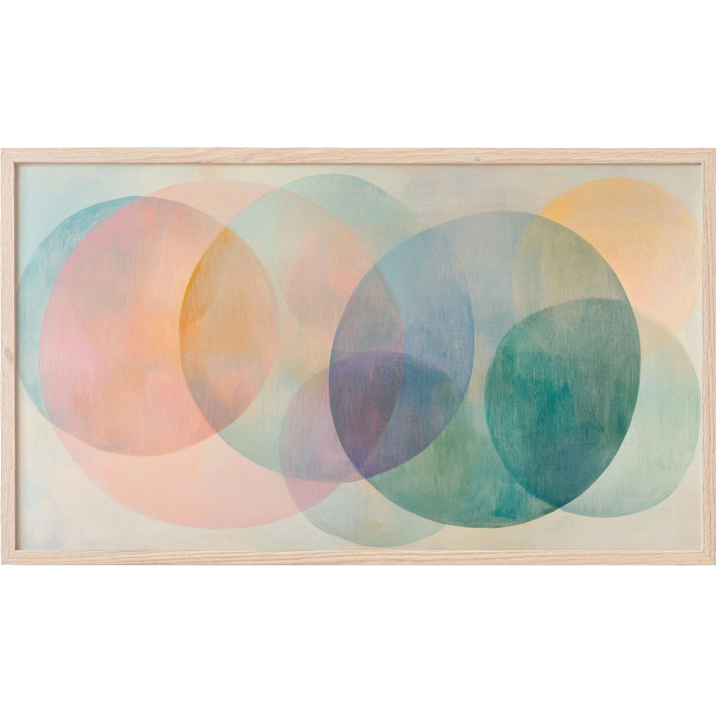 Soft overlapping circles in pastel hues of peach, teal, and lavender create serene modern Frame TV Art