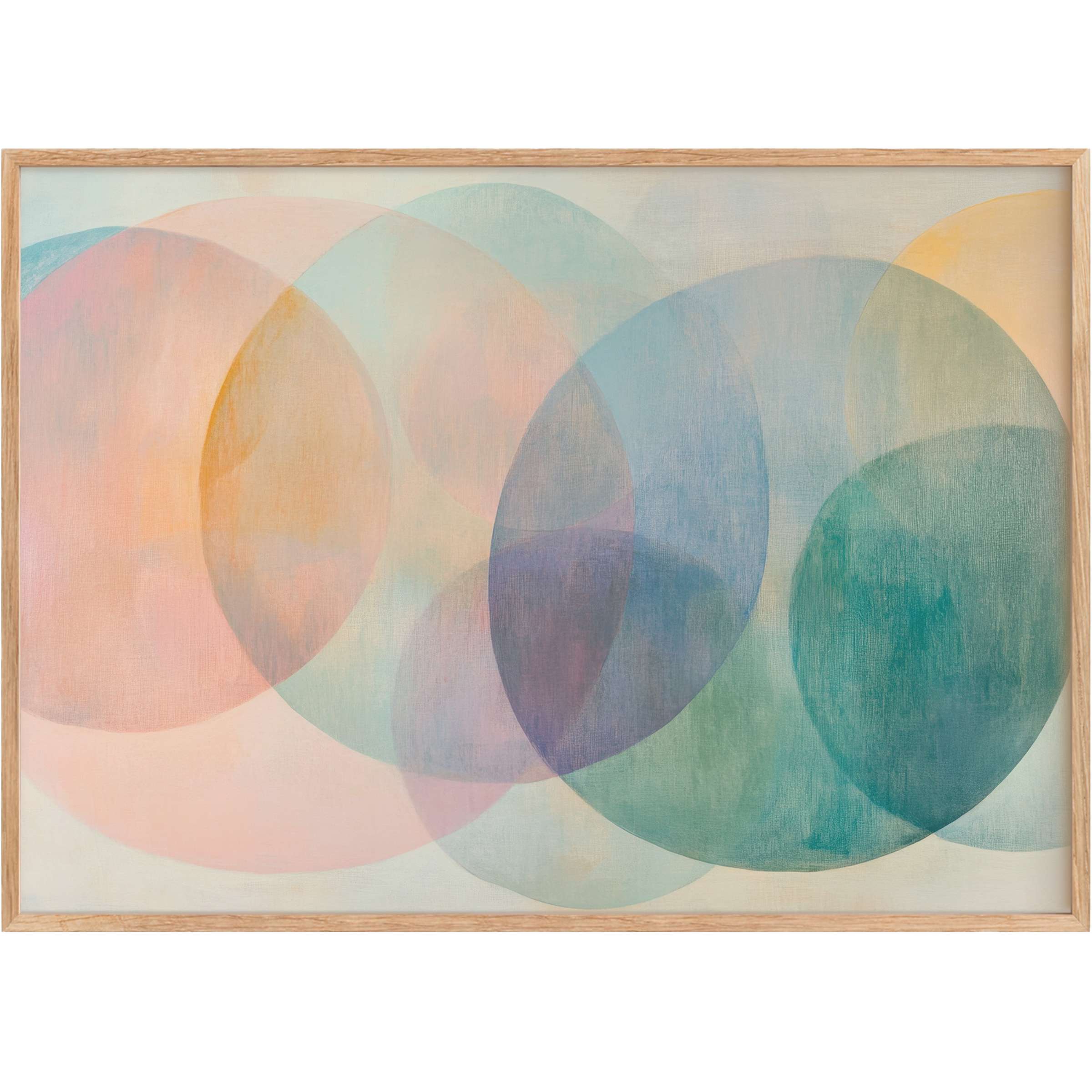 Modern printable wall art featuring layered translucent circles in soft blues, pinks, and greens, creating a serene and airy ambiance