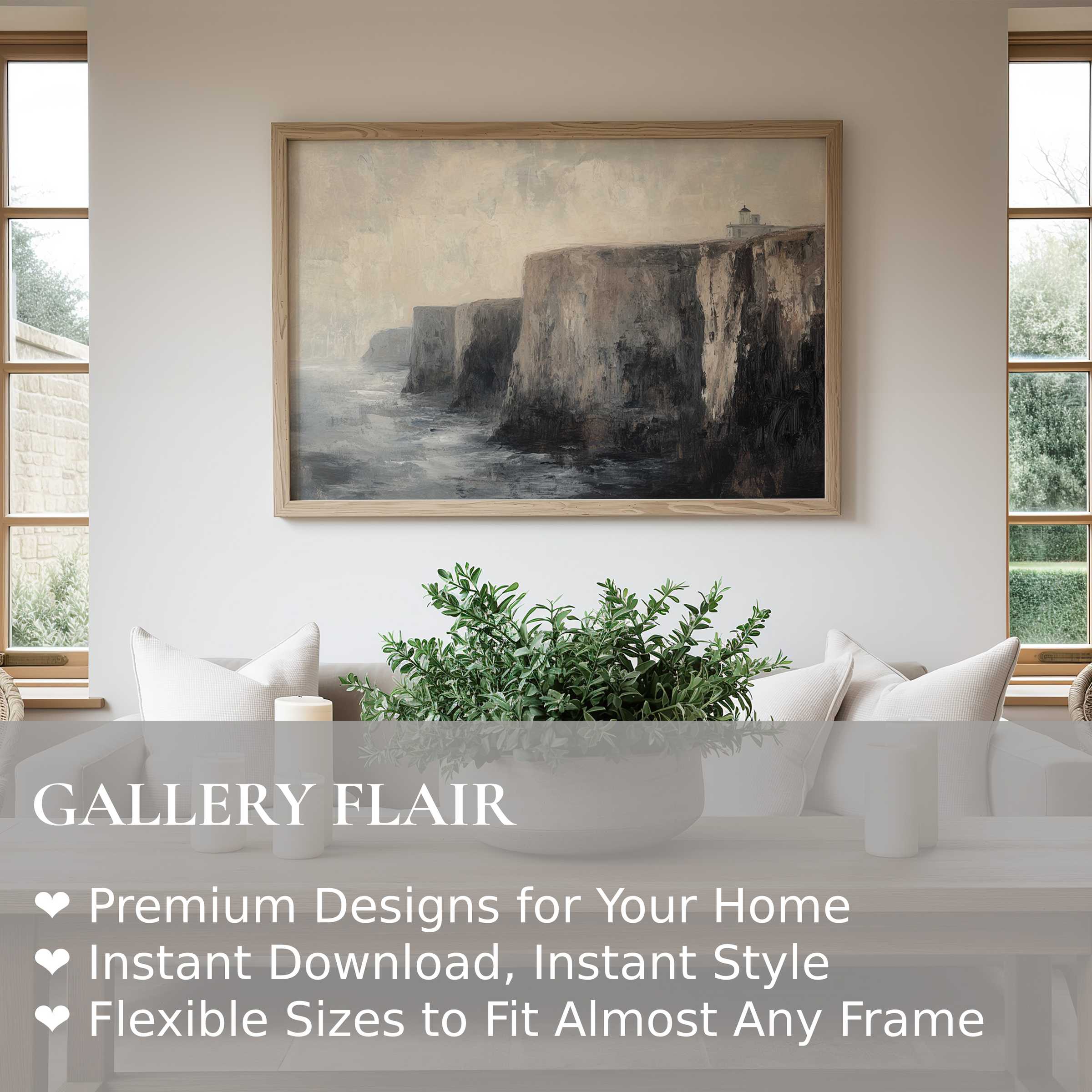 Vintage wall art print of rugged coastal cliffs in muted tones, adding a serene, timeless elegance to modern minimalist interiors