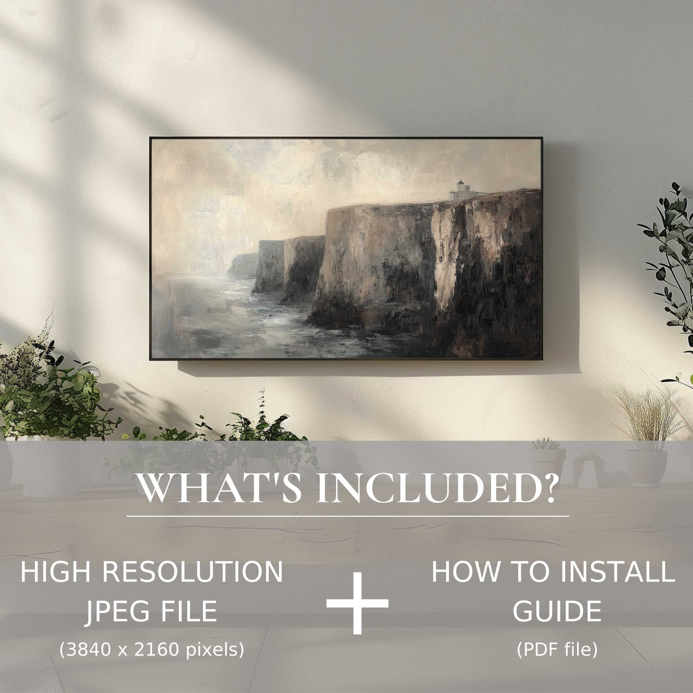 Elegant vintage digital TV art download of coastal cliffs enhances living space with easy digital use and stylish refinement
