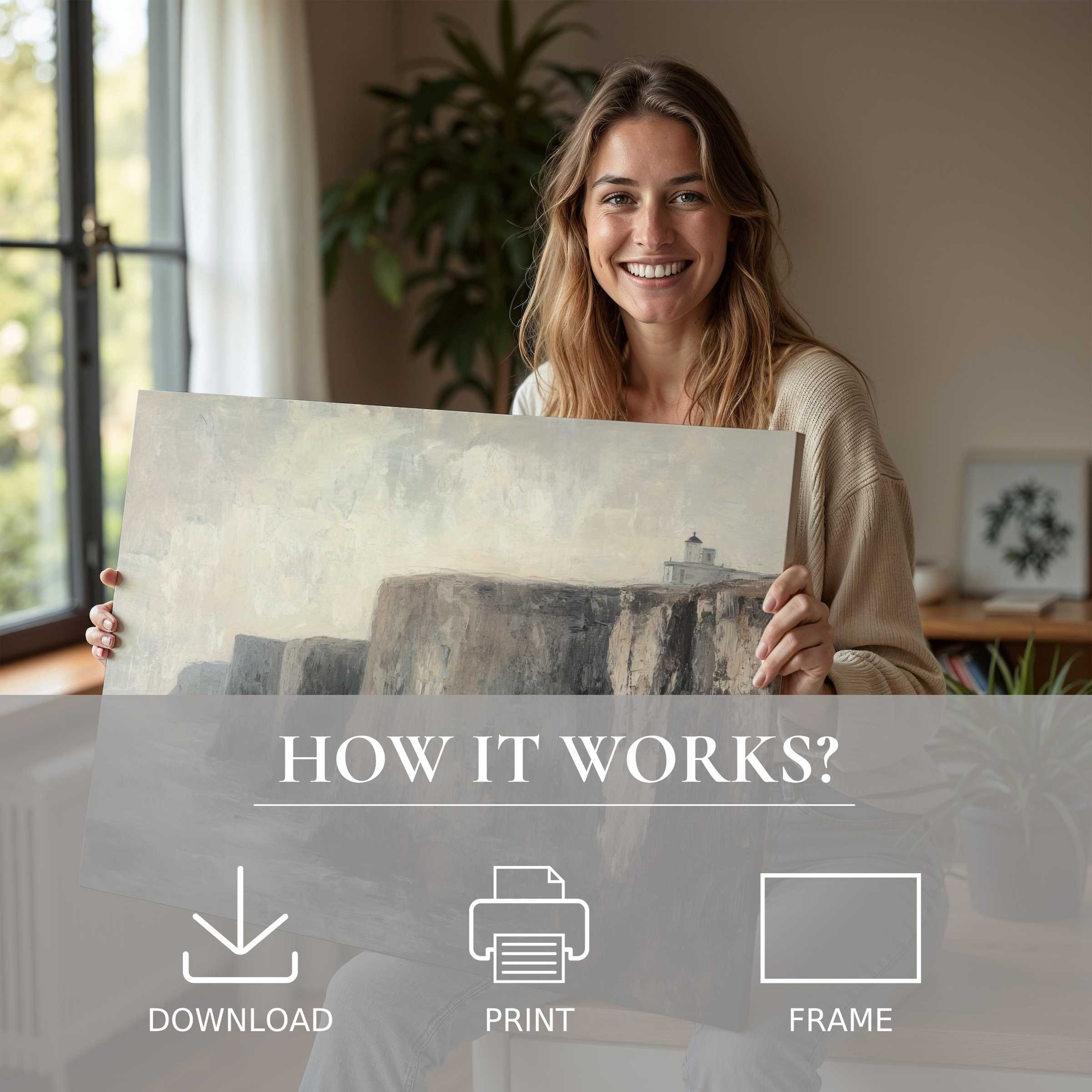 Refined woman savoring a moment of joy with a vintage digital art print, elevating her serene modern home decor