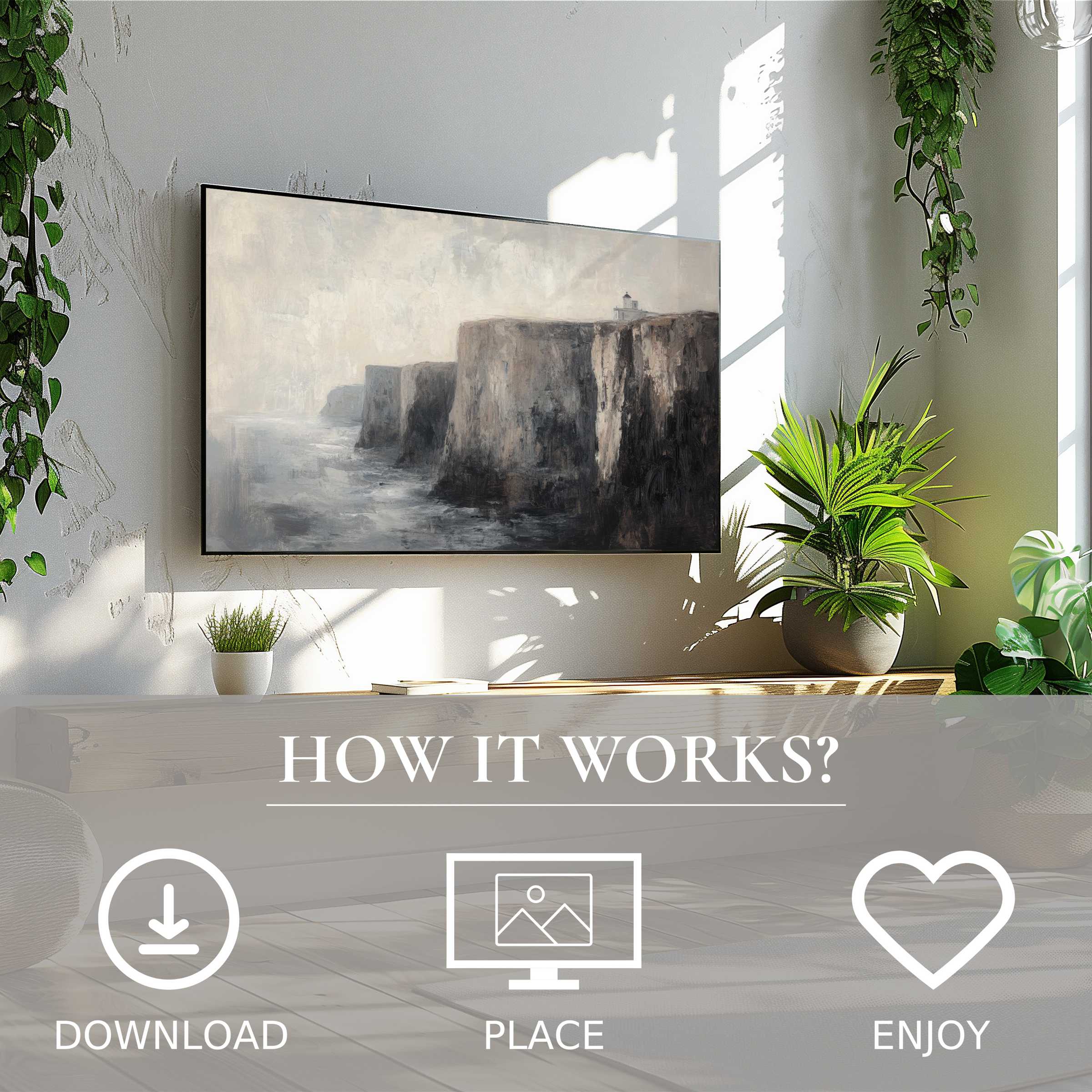 Vintage art for Samsung TV with cliff motif in muted tones, easy digital download enriches any modern living space