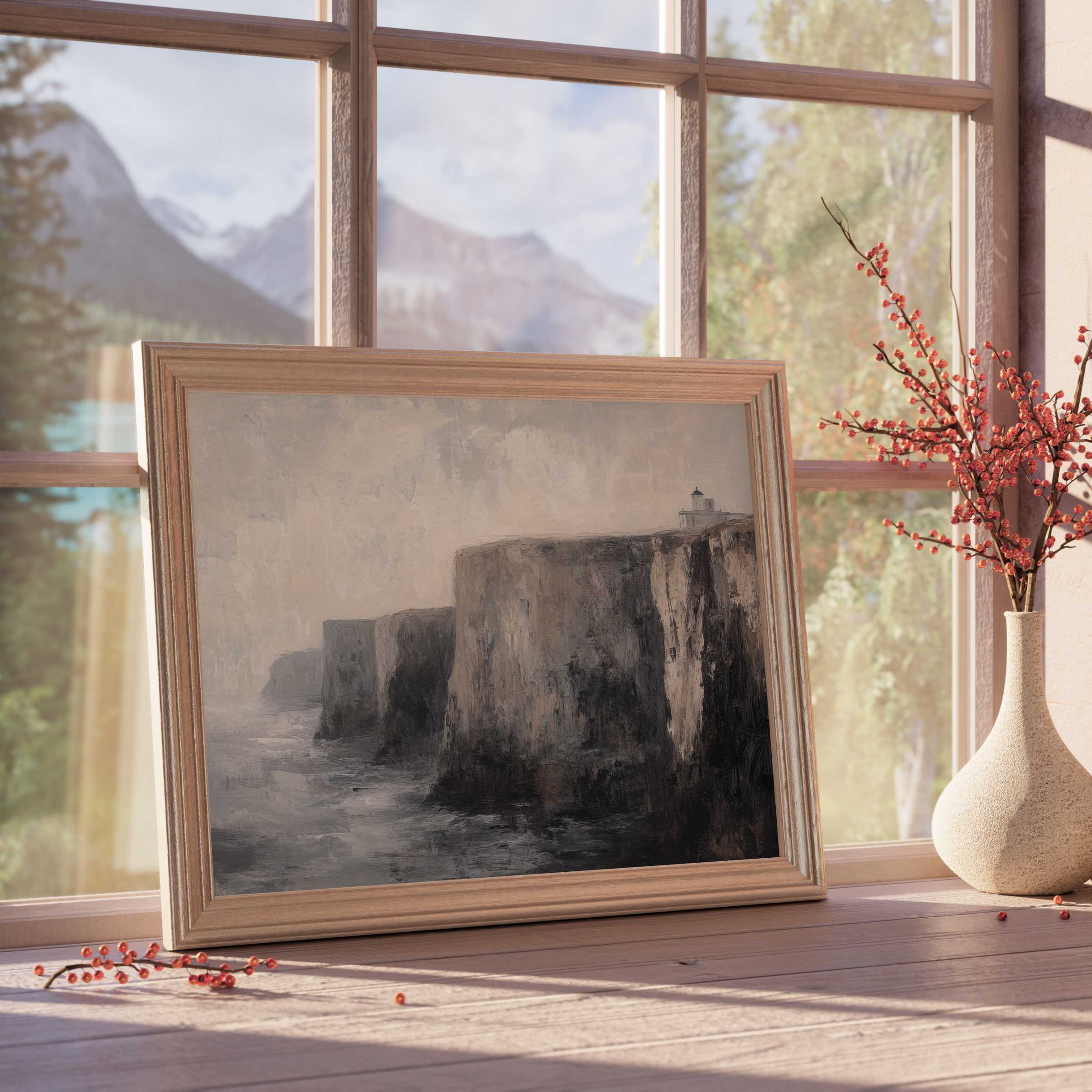 Vintage downloadable art capturing serene coastal cliffs and a solitary lighthouse, infusing tranquil elegance into curated, design-forward interiors