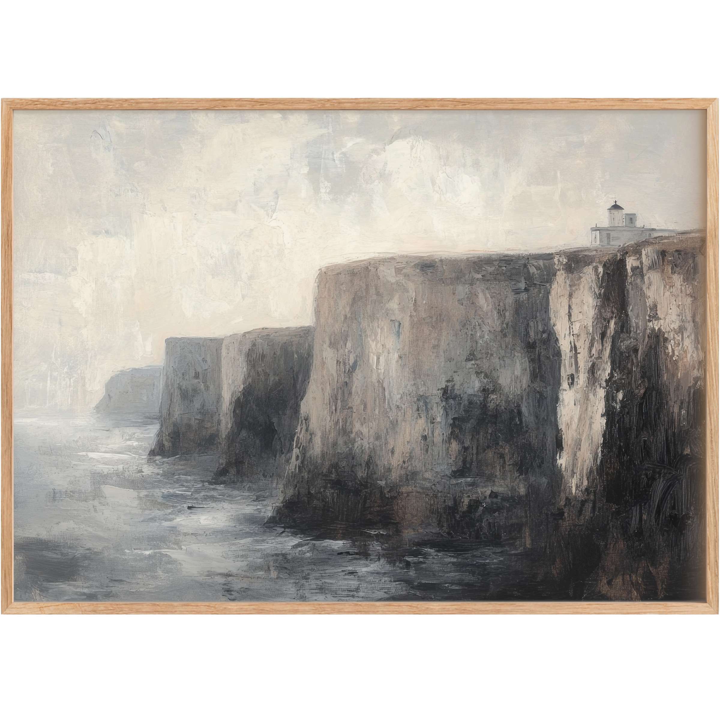 Timeless vintage printable wall art captures rugged coastal cliffs in muted grays and soft creams, evoking serene, contemplative calm