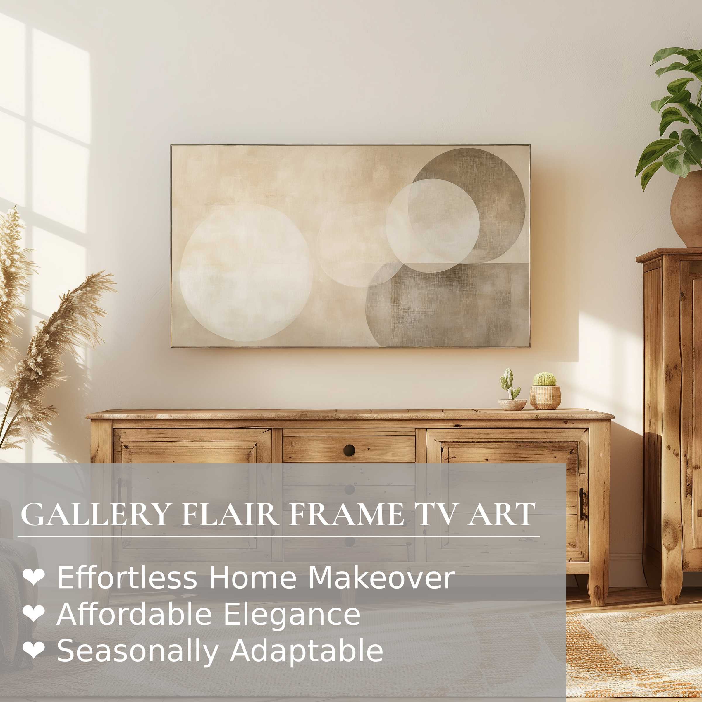 Neutral digital artwork of overlapping circles displayed on Samsung Frame TV in a serene, modern living space