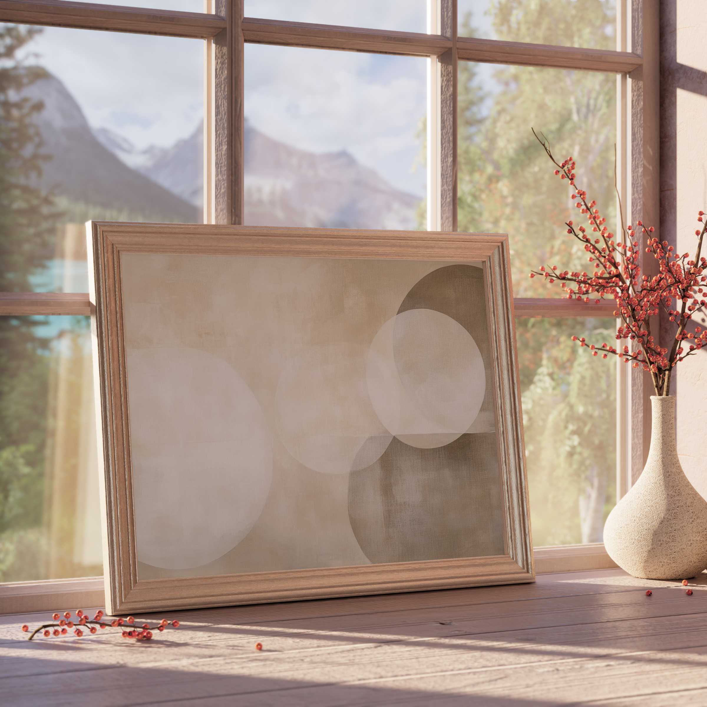 Neutral downloadable art featuring soft overlapping circles in warm taupe hues, perfect for elevating serene, curated living spaces with minimalist, modern elegance