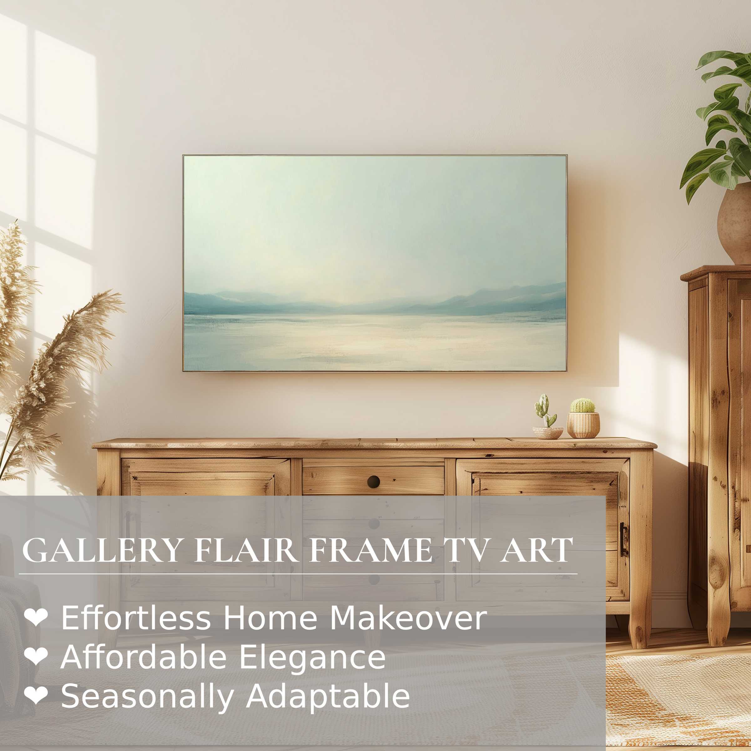 Samsung Frame TV displays serene landscape digital artwork in a minimalist, sunlit room with natural wood decor