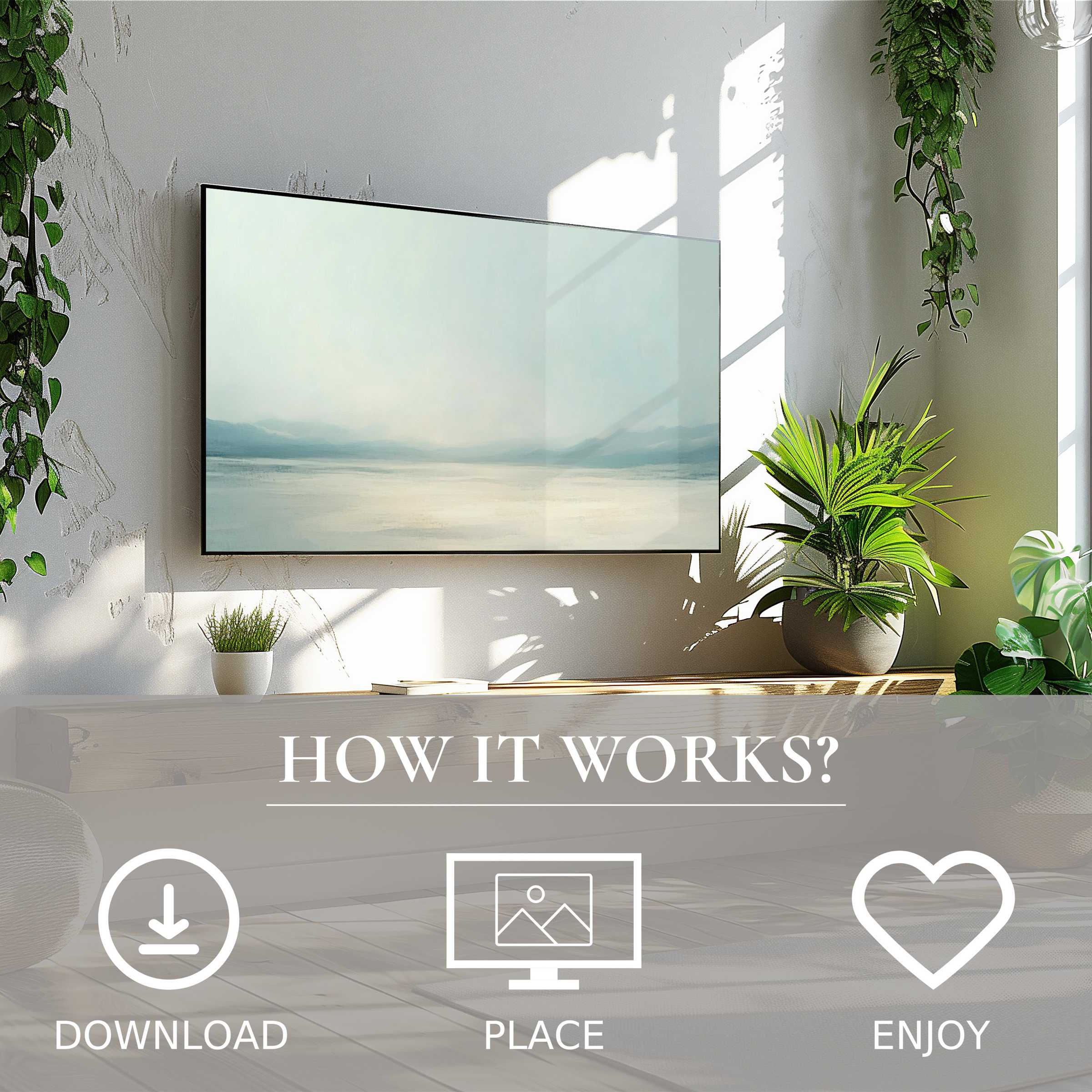Modern living room with lush plants, easy digital download landscape art for Samsung TV, soft blue-gray mist motif