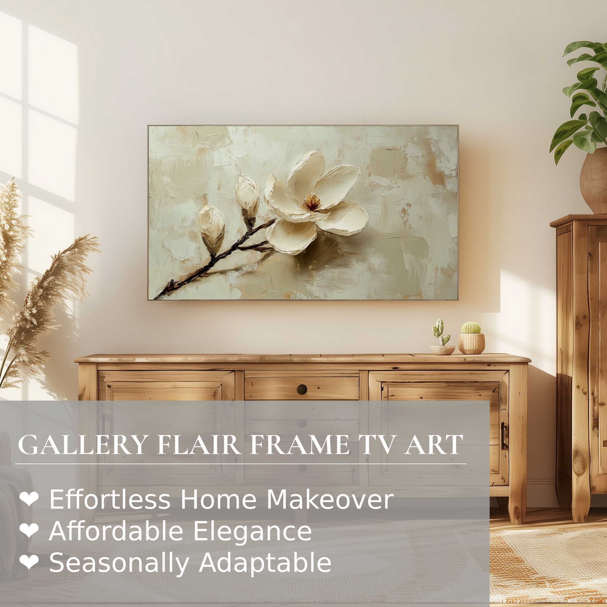 Samsung Frame TV displays elegant spring digital artwork with soft florals in a modern, refined home decor setting