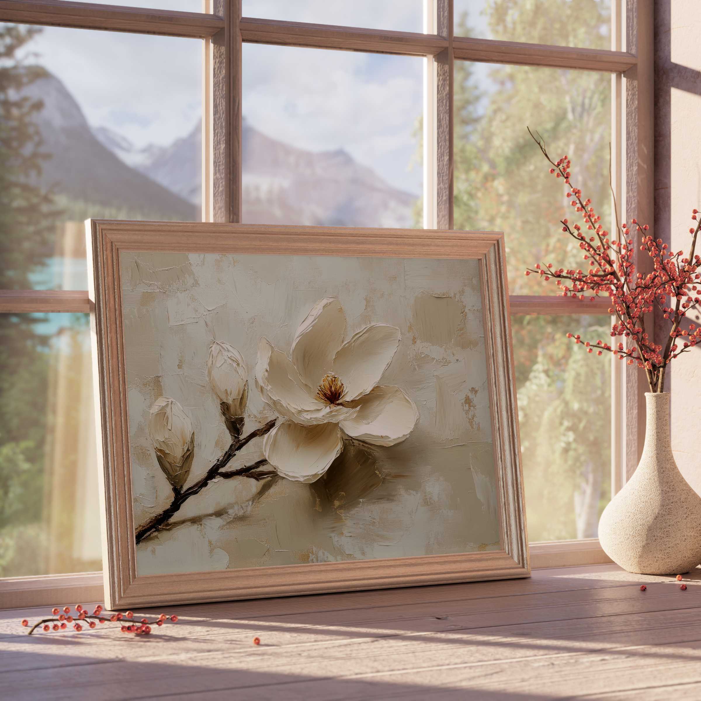 Spring downloadable art featuring a delicate magnolia bloom in soft neutrals, enhancing tranquil, design-forward interiors with natural elegance