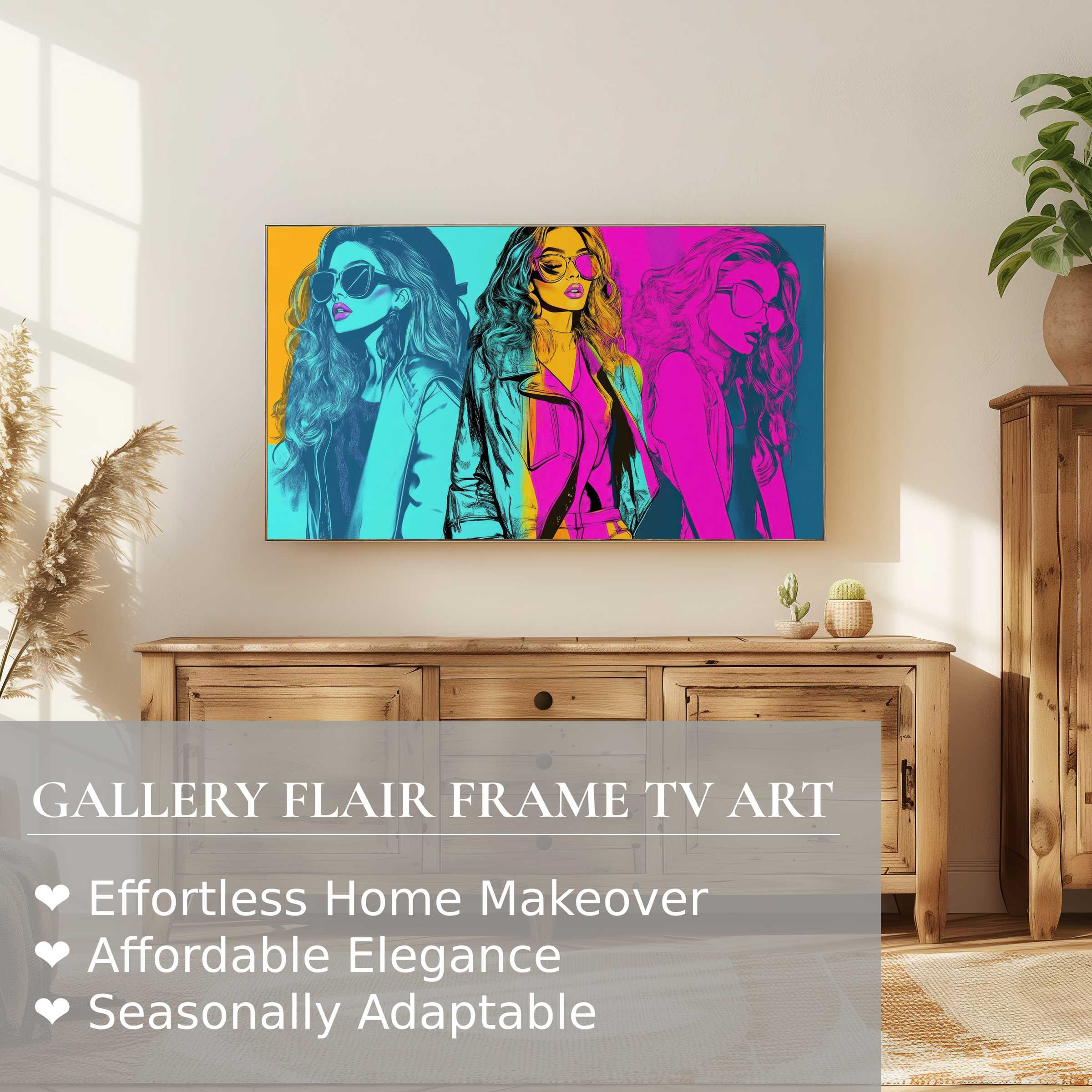 Samsung Frame TV showcases vibrant pop art digital artwork, blending bold colors with sleek modern home style
