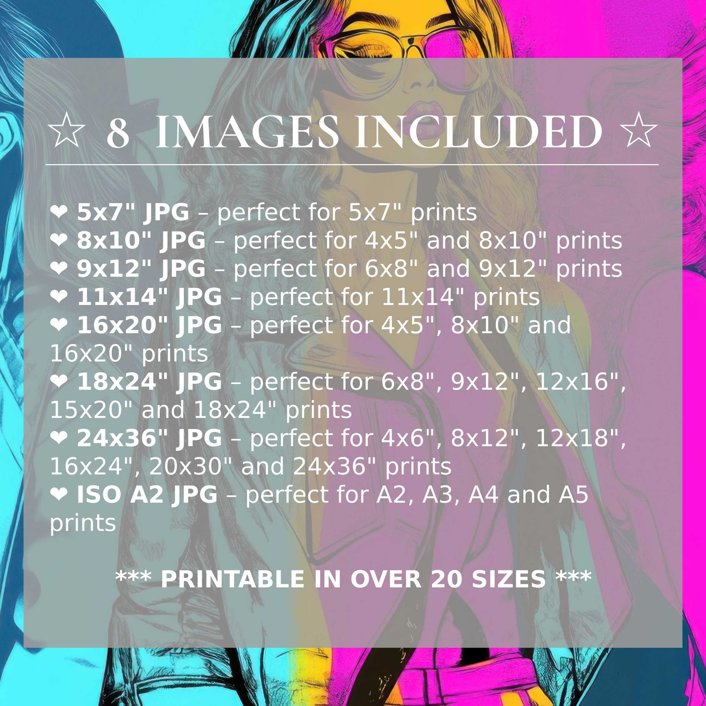 Pop art digital print radiates bold cyan, magenta, and golden hues, enhancing modern interiors with vibrant style and 8 included sizes