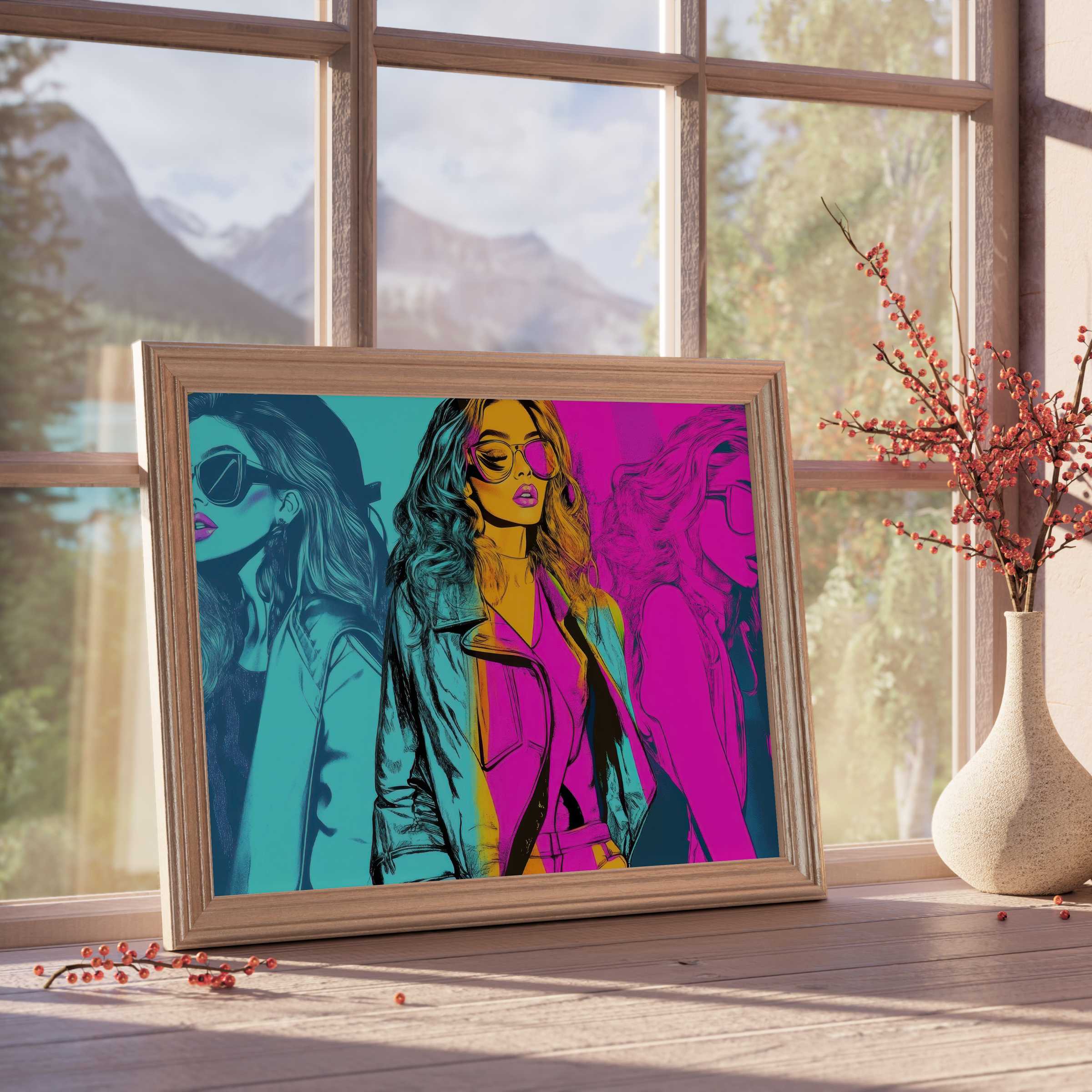 Vibrant pop art downloadable art in vivid teal, magenta, and gold tones, elevating curated interiors with bold, stylish energy and modern flair