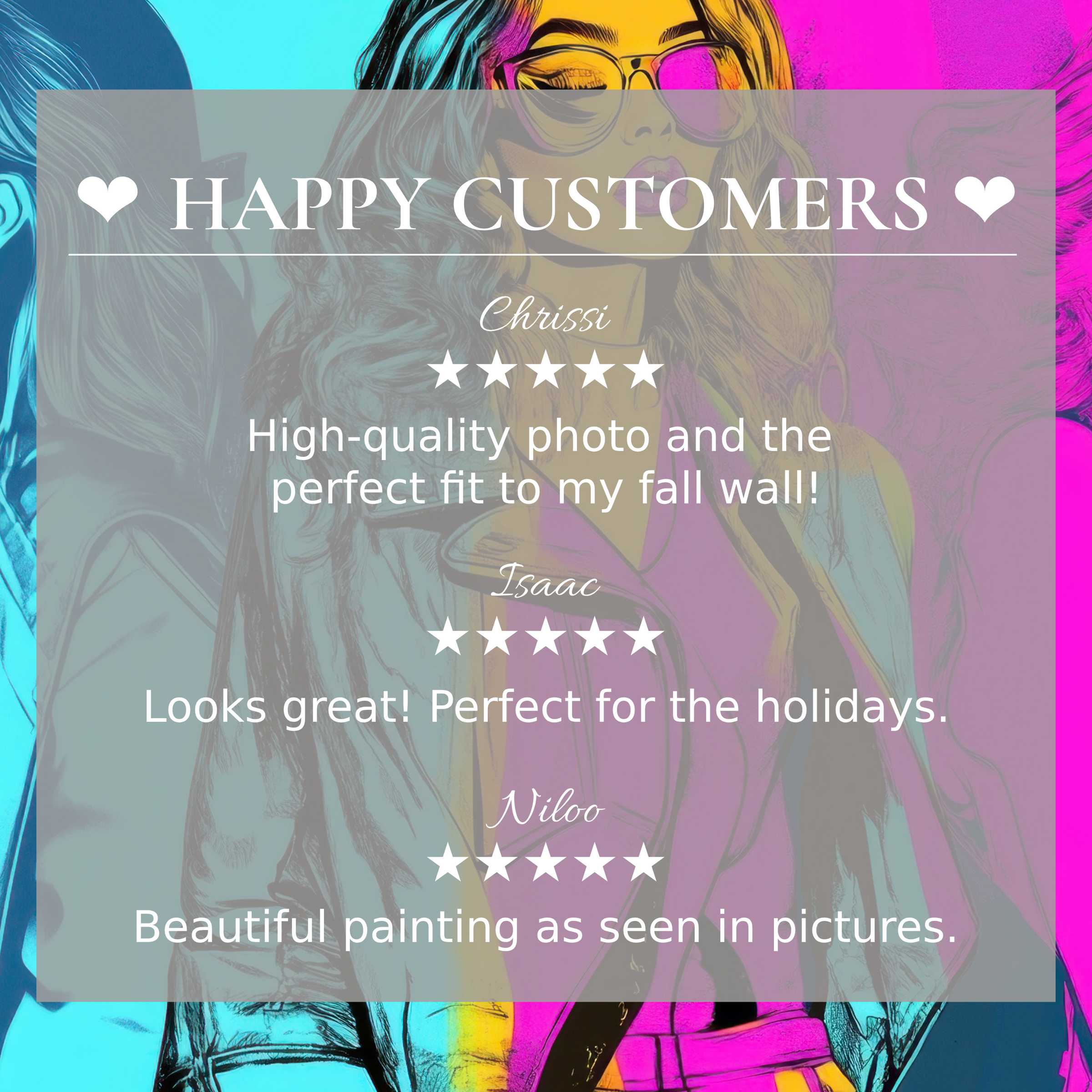 Pop art for Frame TV with vibrant sunset tones, showcasing happy customer reviews and elegant, stylish home decor appeal