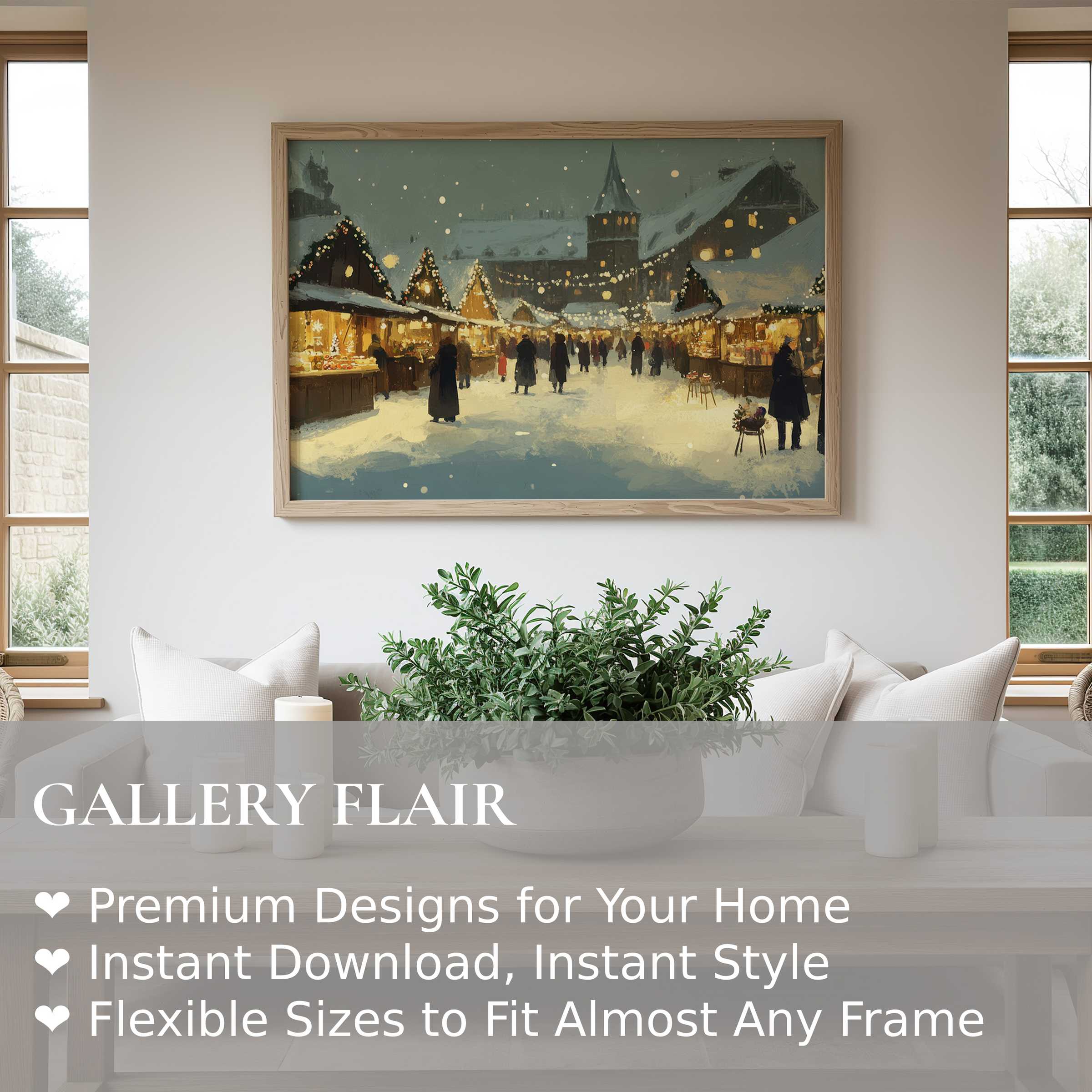 Christmas wall art print capturing a cozy, radiant winter market scene with soft glowing lights, enriching modern minimalist interiors