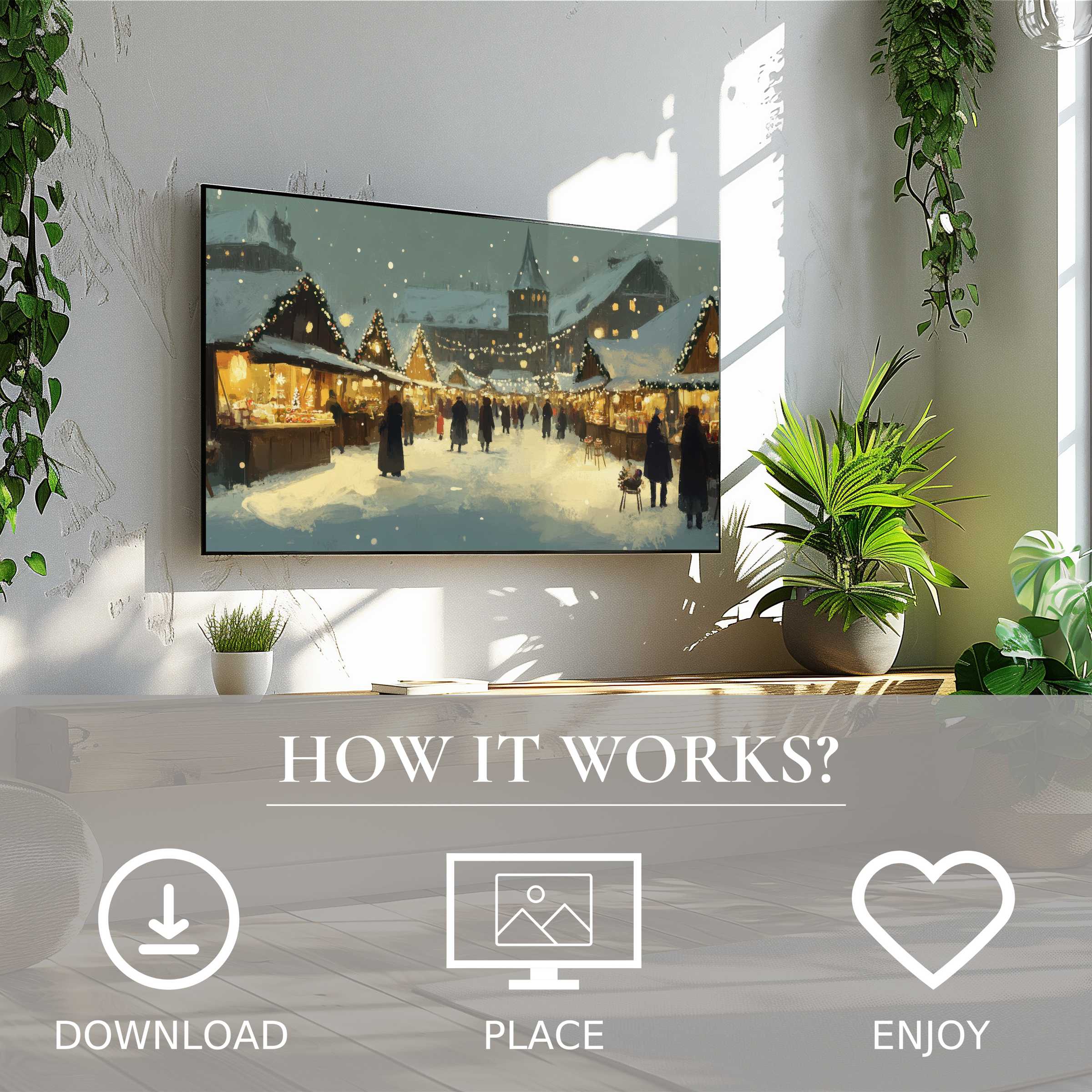 Christmas art for Samsung TV showing a cozy winter market scene; easy digital download enriches modern living spaces