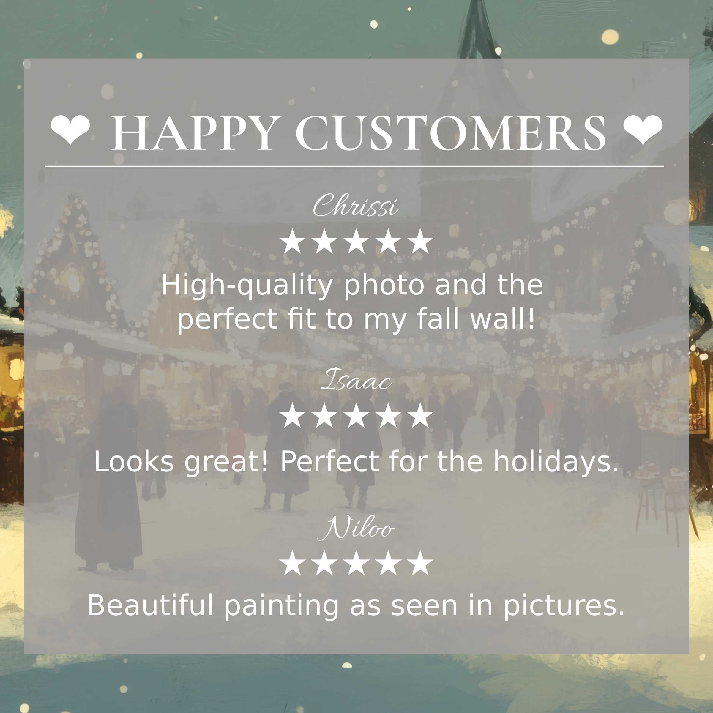 Elegant christmas art for Frame TV with soft winter market background, showcasing happy customer reviews that inspire trust