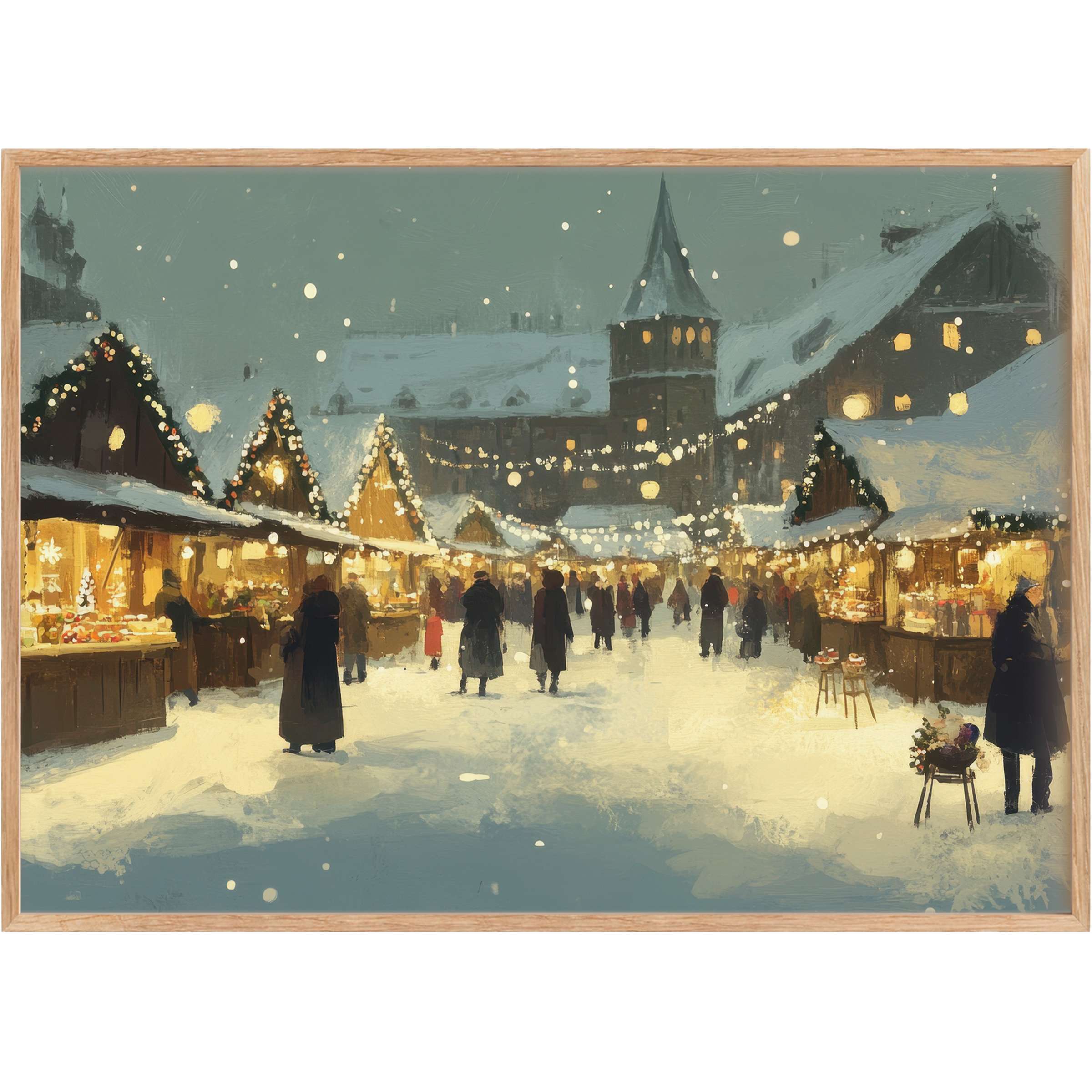 Christmas printable wall art capturing a serene snowy market aglow with warm golden lights, evoking nostalgic, radiant holiday charm