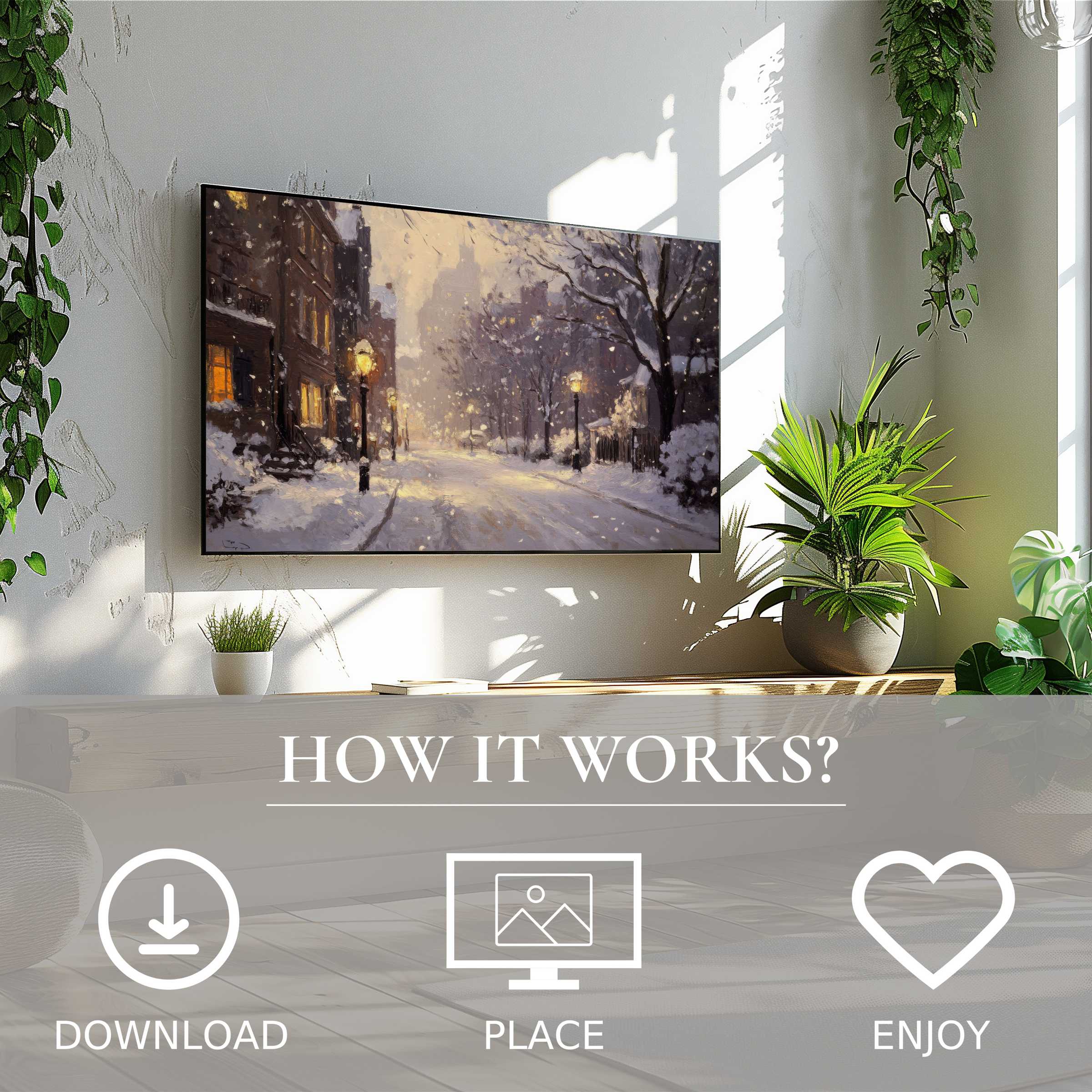 Winter art for Samsung TV showing soft sunset tones on a snowy street, easy digital download enriches decor