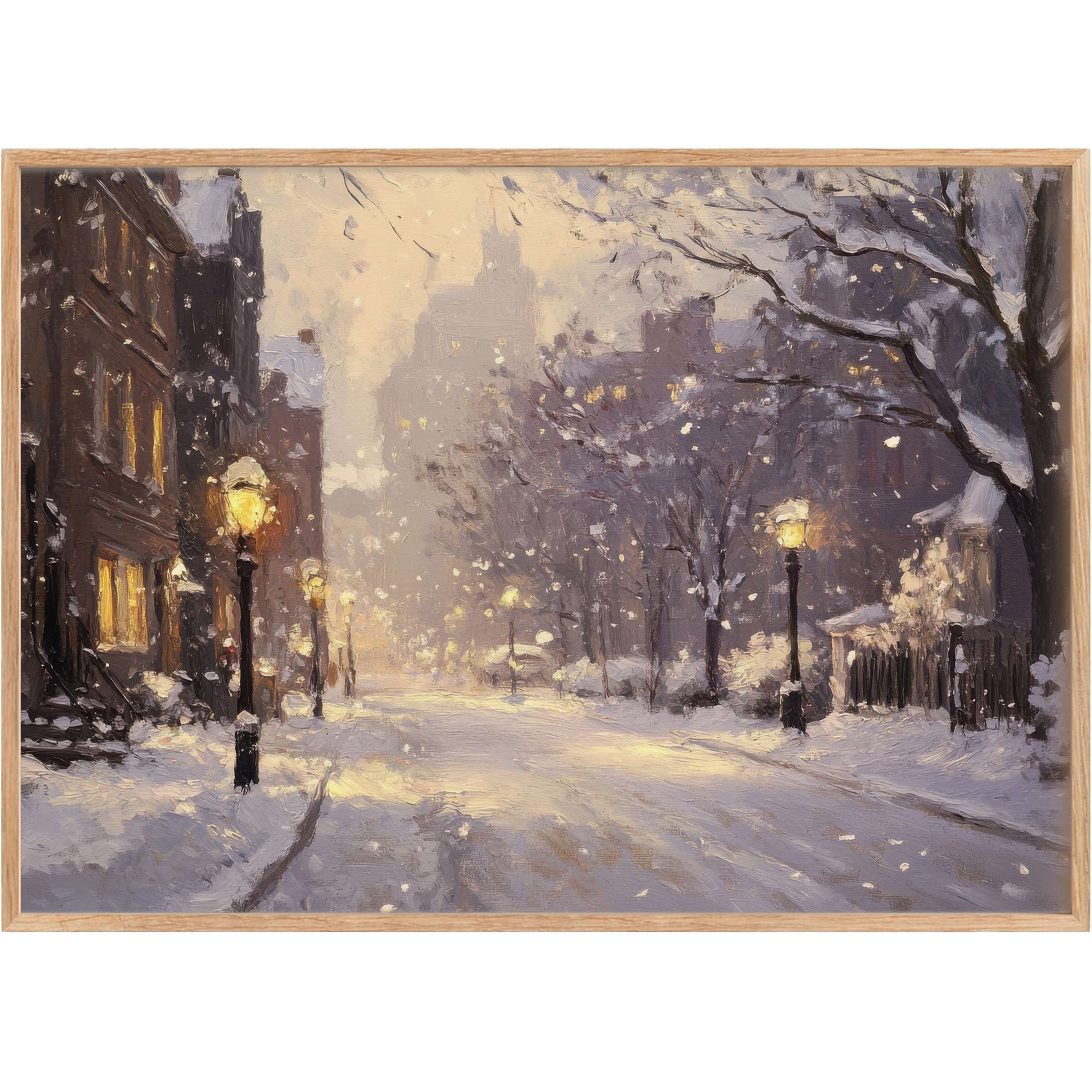 Elegant winter printable wall art radiates serene city charm with soft lavender hues and warm golden streetlights