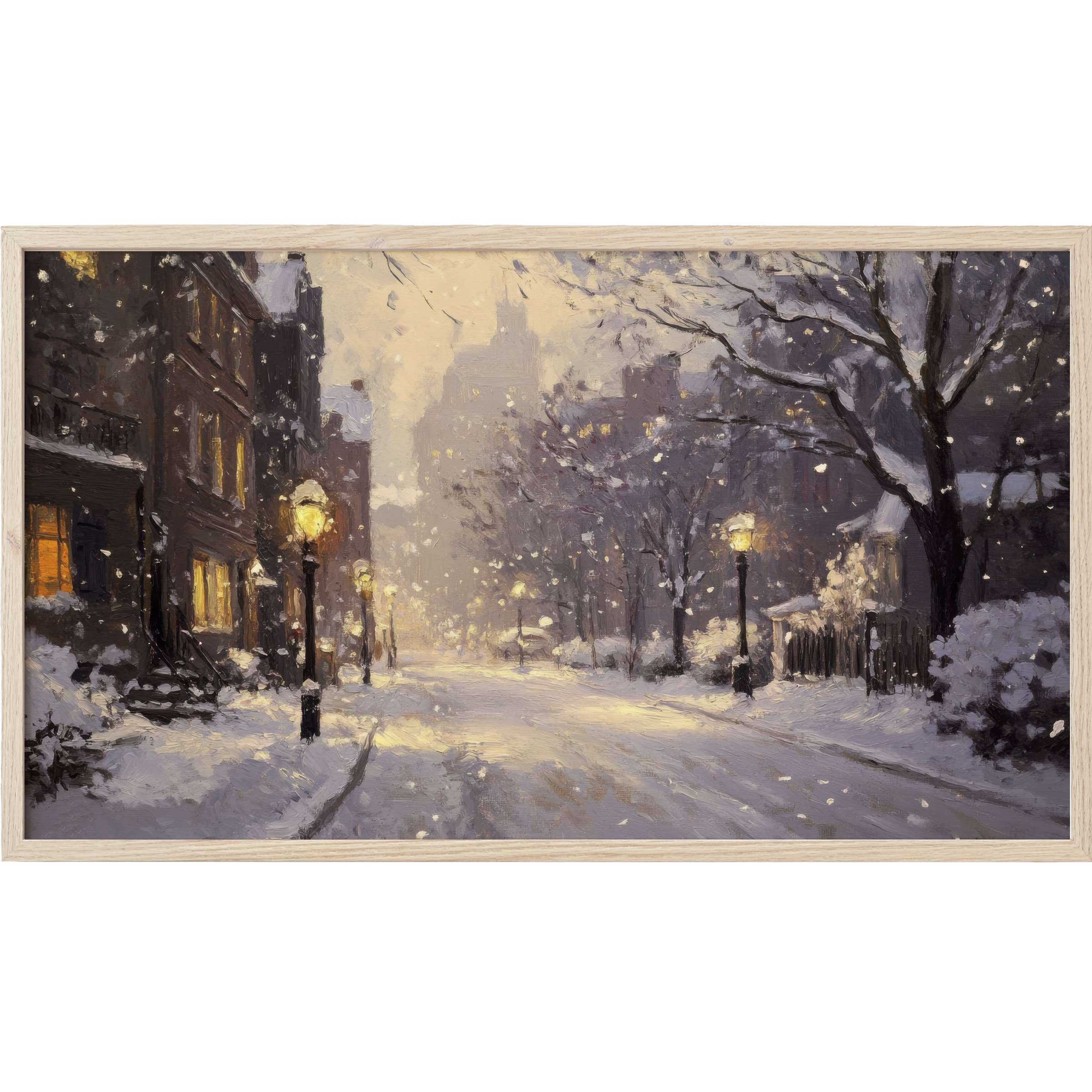 Winter Frame TV Art depicting a serene snowy street with warm lights, muted purples and soft golden hues in an impressionist style