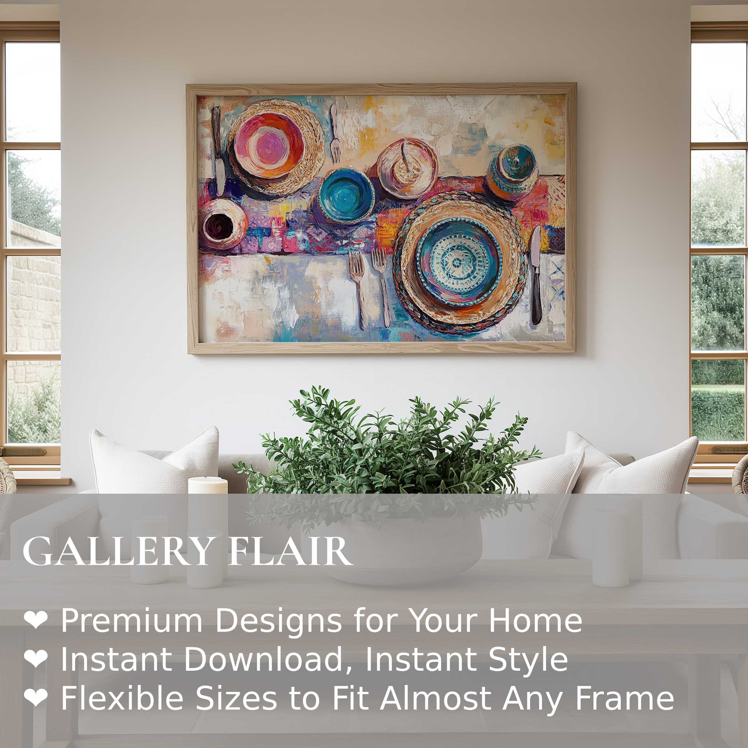 Boho wall art print with vibrant textures and warm tones, enriching modern minimalist interiors with a radiant, inviting ambiance