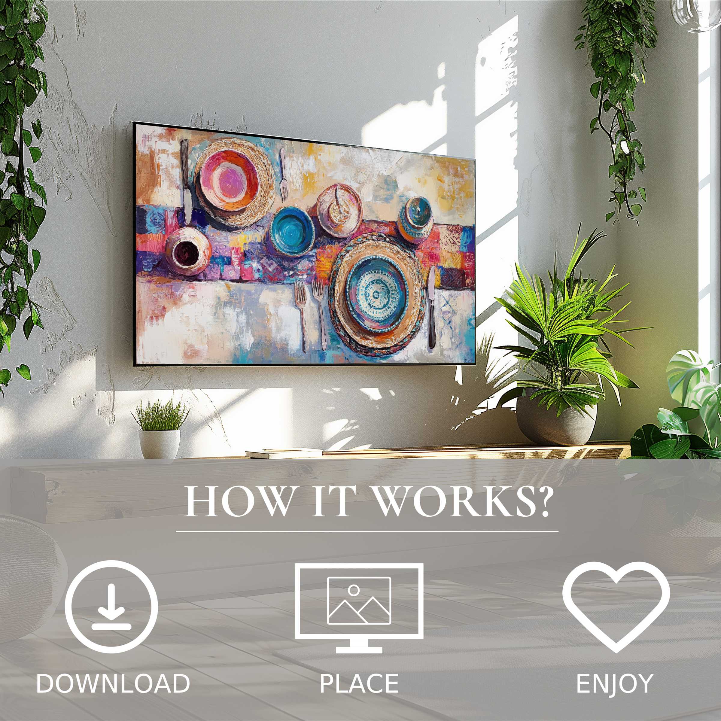 Boho art for Samsung TV featuring vibrant color flow, easy digital download enriching modern living spaces