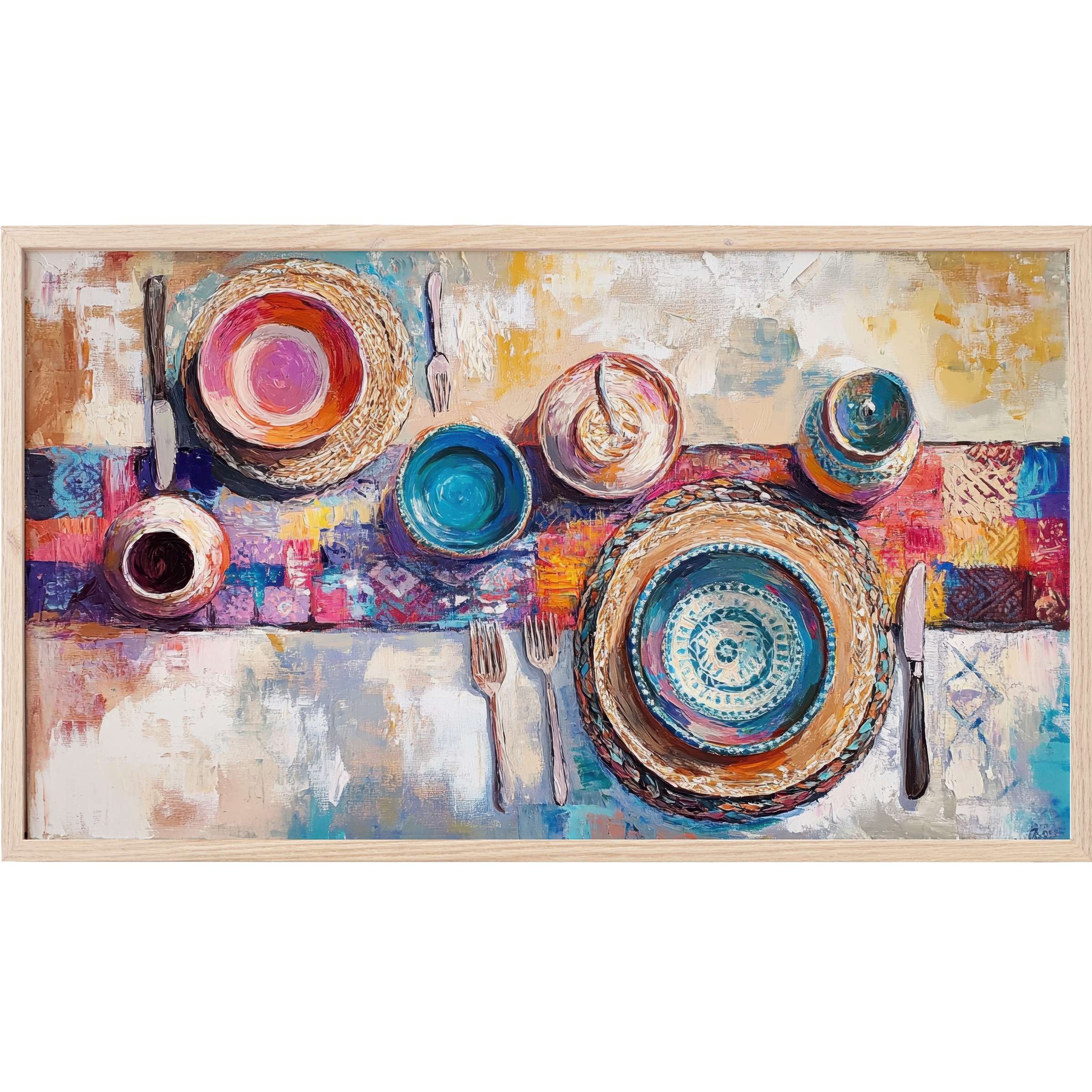 Boho Frame TV Art showing vibrant table setting with textured brushstrokes in warm earth tones and bold blues