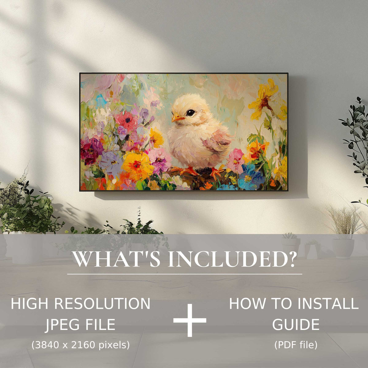 Elegant living room with easter digital TV art download, easy to use, brightening space with charming chick artwork