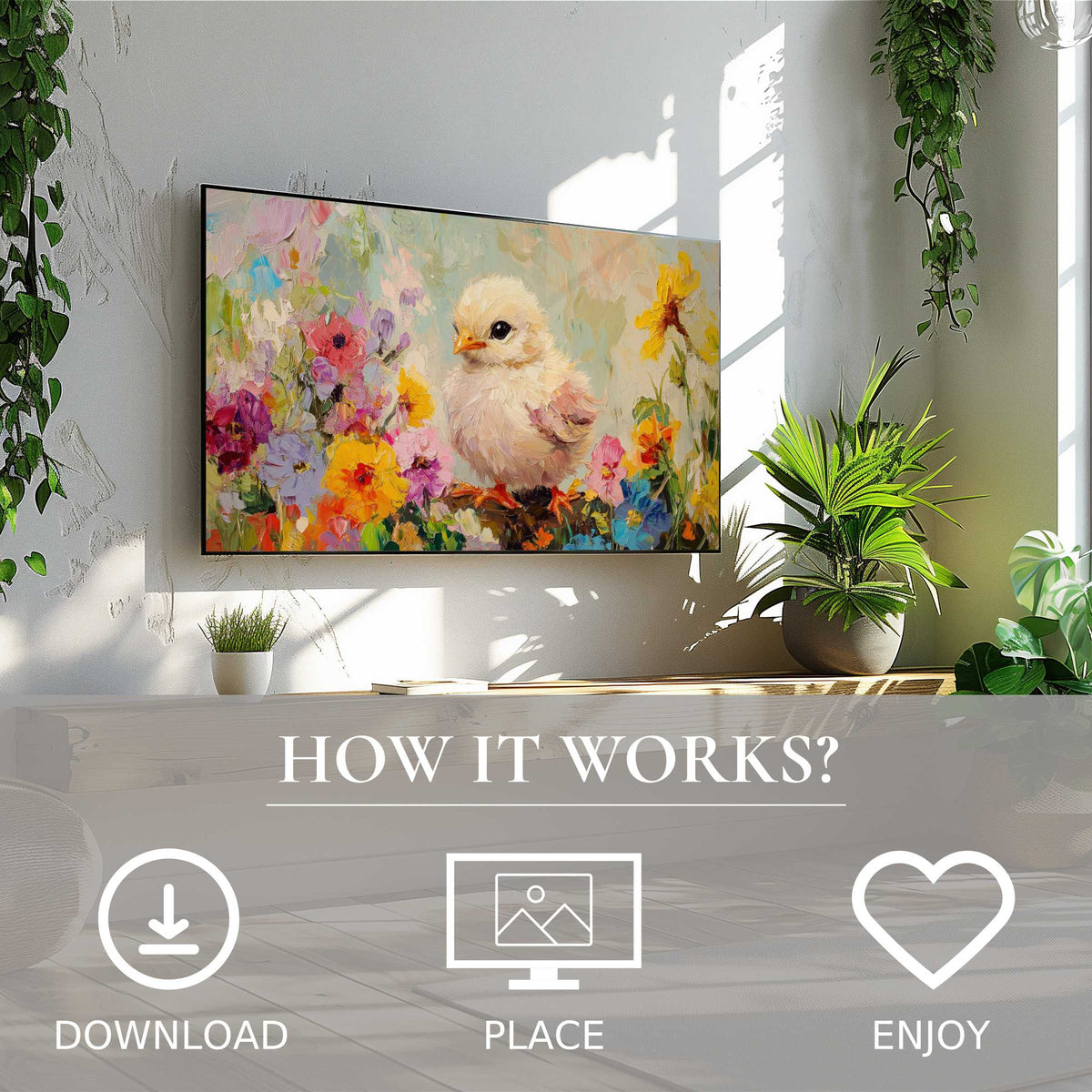Easter art for Samsung TV shows soft pastel chick and flowers, easy digital download enriches modern living with vibrant charm