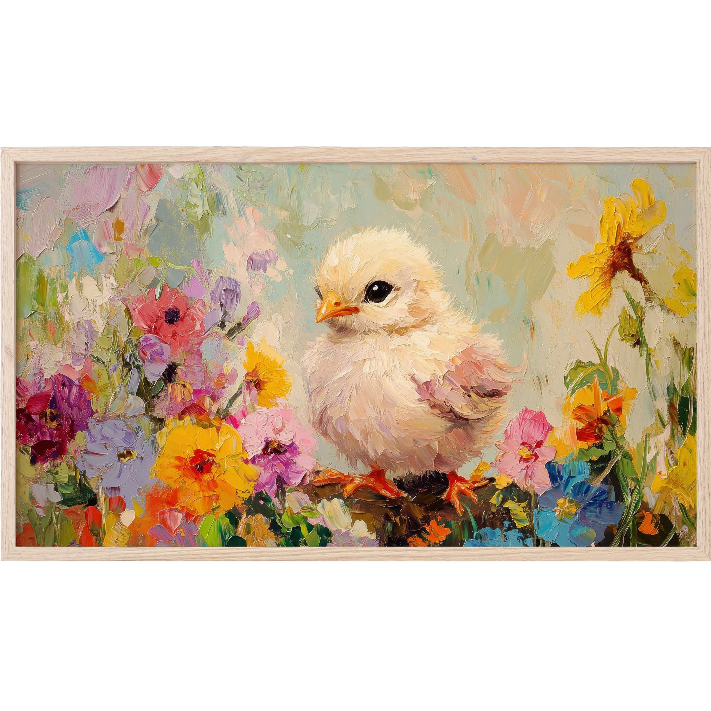 Soft pastel and vibrant floral tones frame a textured chick in a charming easter Frame TV Art composition