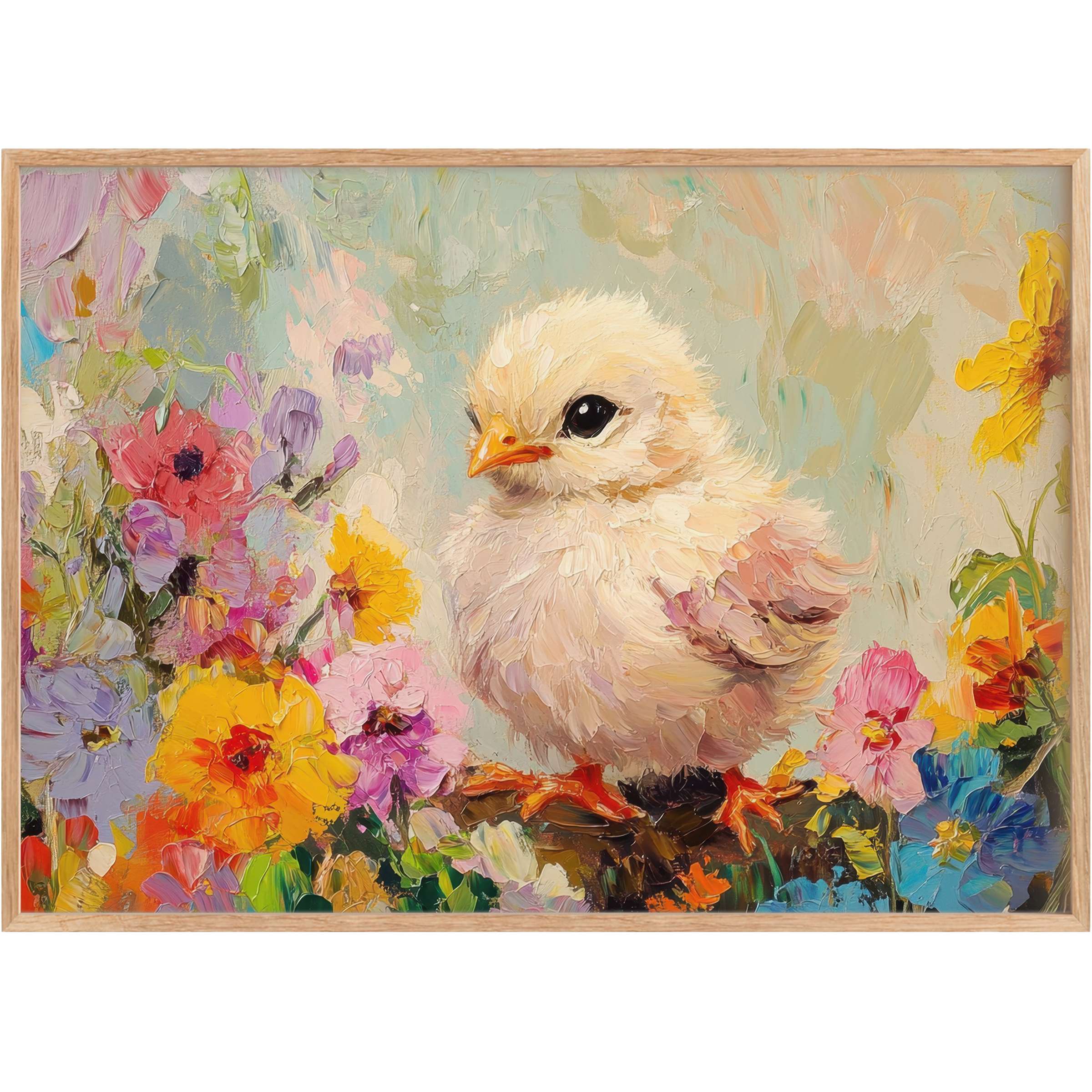 Charming easter printable wall art featuring a fluffy chick amid vibrant spring blooms, evoking a radiant, joyful atmosphere