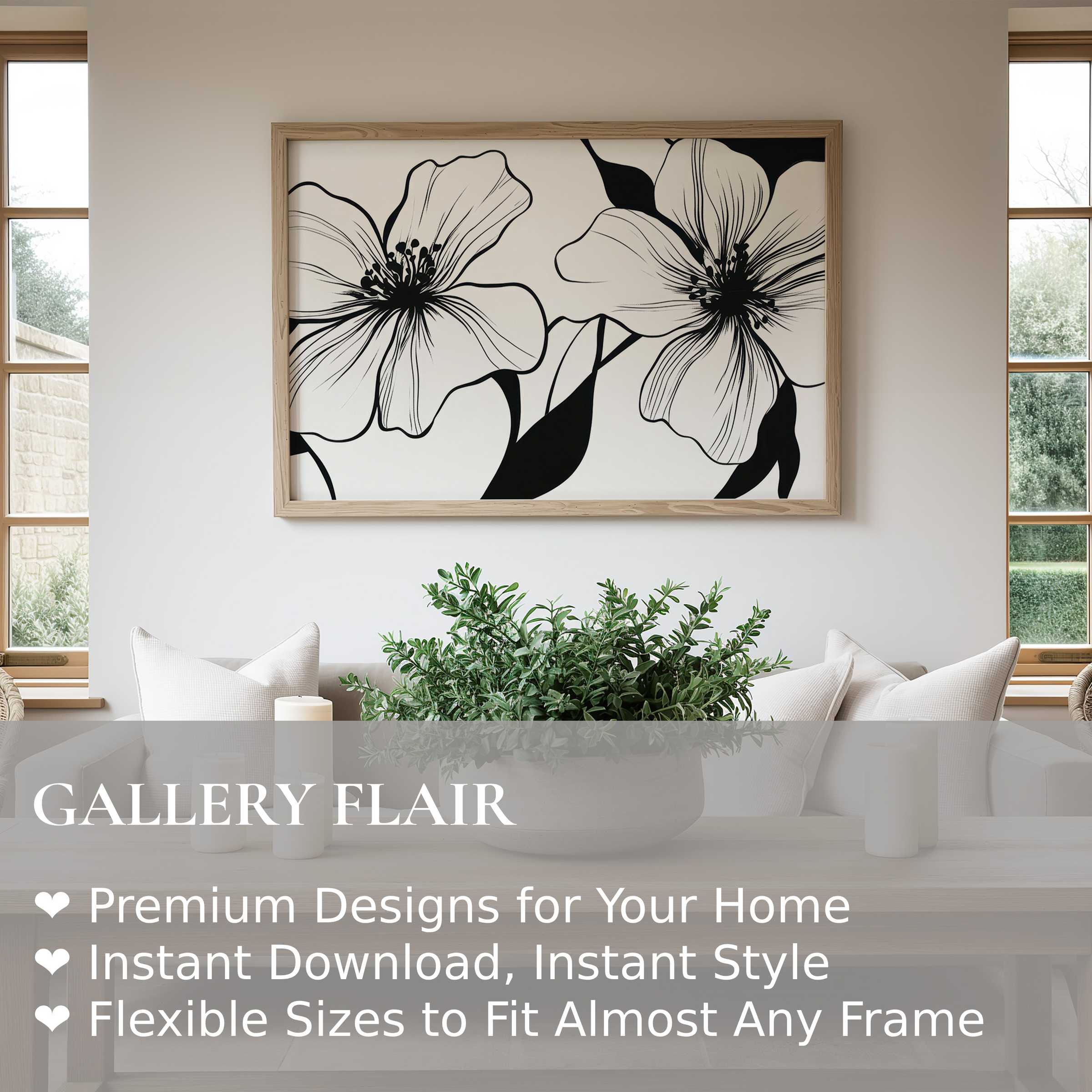 Black and white wall art print featuring bold floral linework in a serene modern living room, elevating minimalist and Scandinavian decor with elegant contrast and natural warmth