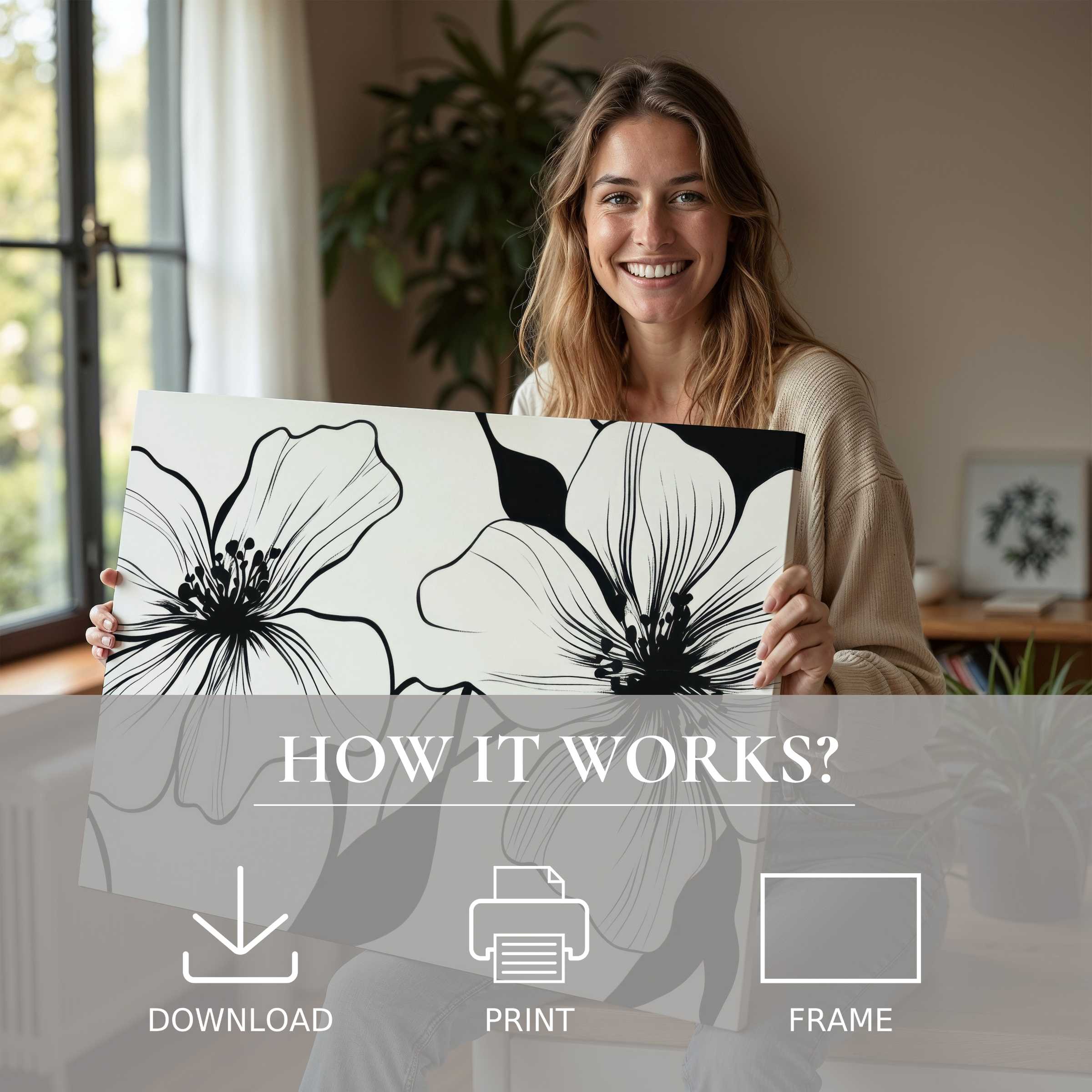 A radiant moment of joy in a modern home, where black and white digital art print elevates serene living with effortless elegance