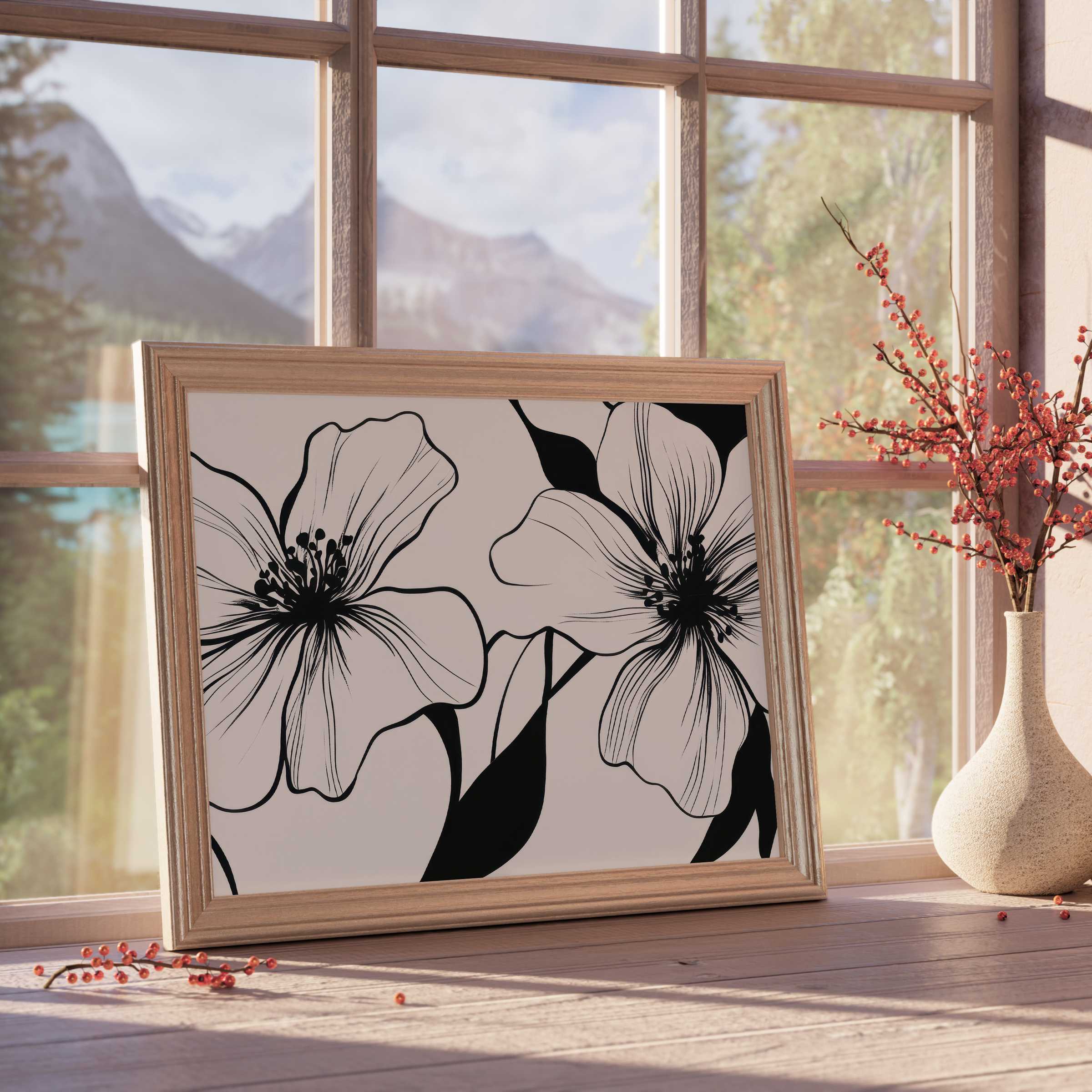 Elegant black and white downloadable art featuring delicate floral outlines, perfect for adding serene charm to curated, design-forward interiors