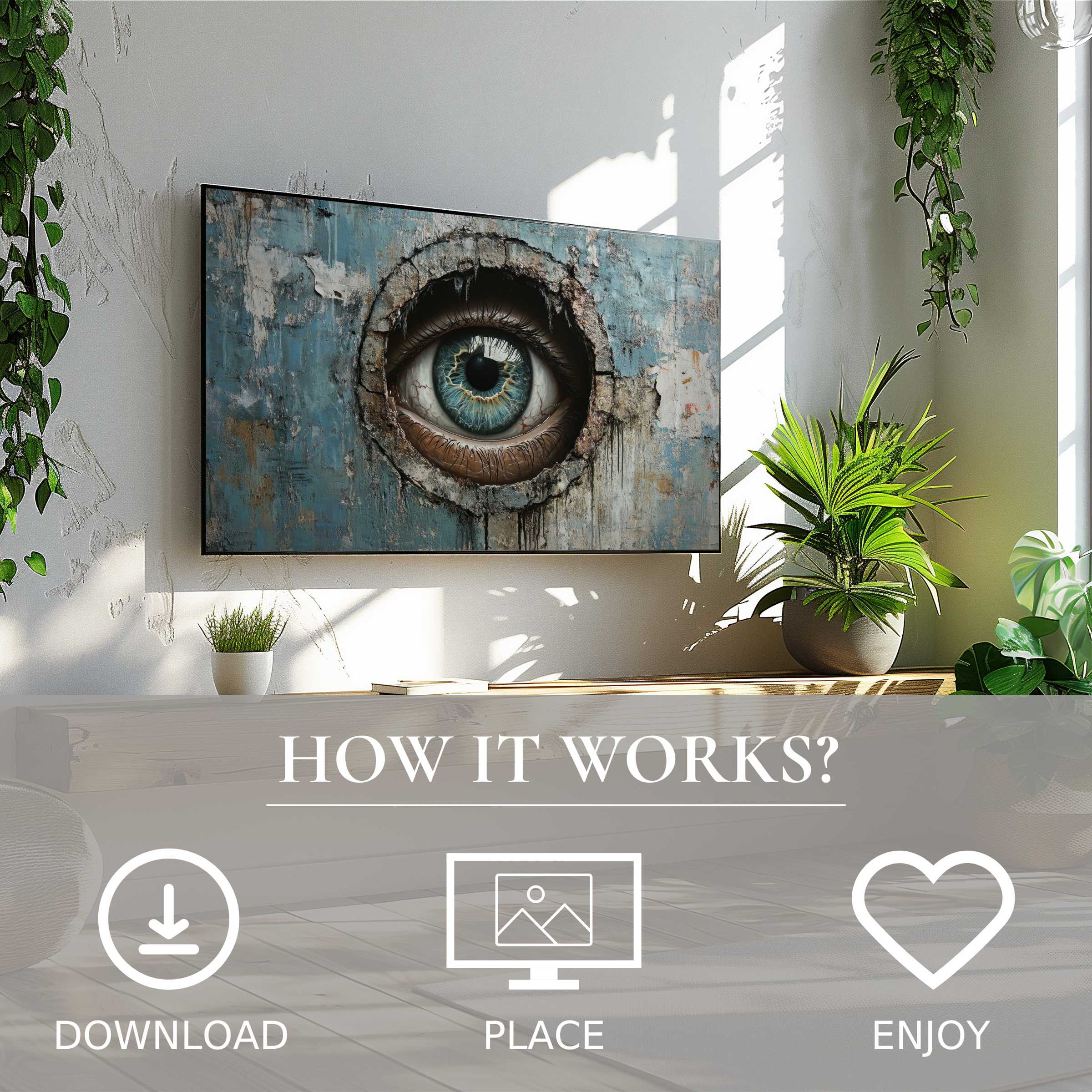 Modern living room with green plants and street art for Samsung TV, featuring a surreal eye motif Easy digital download