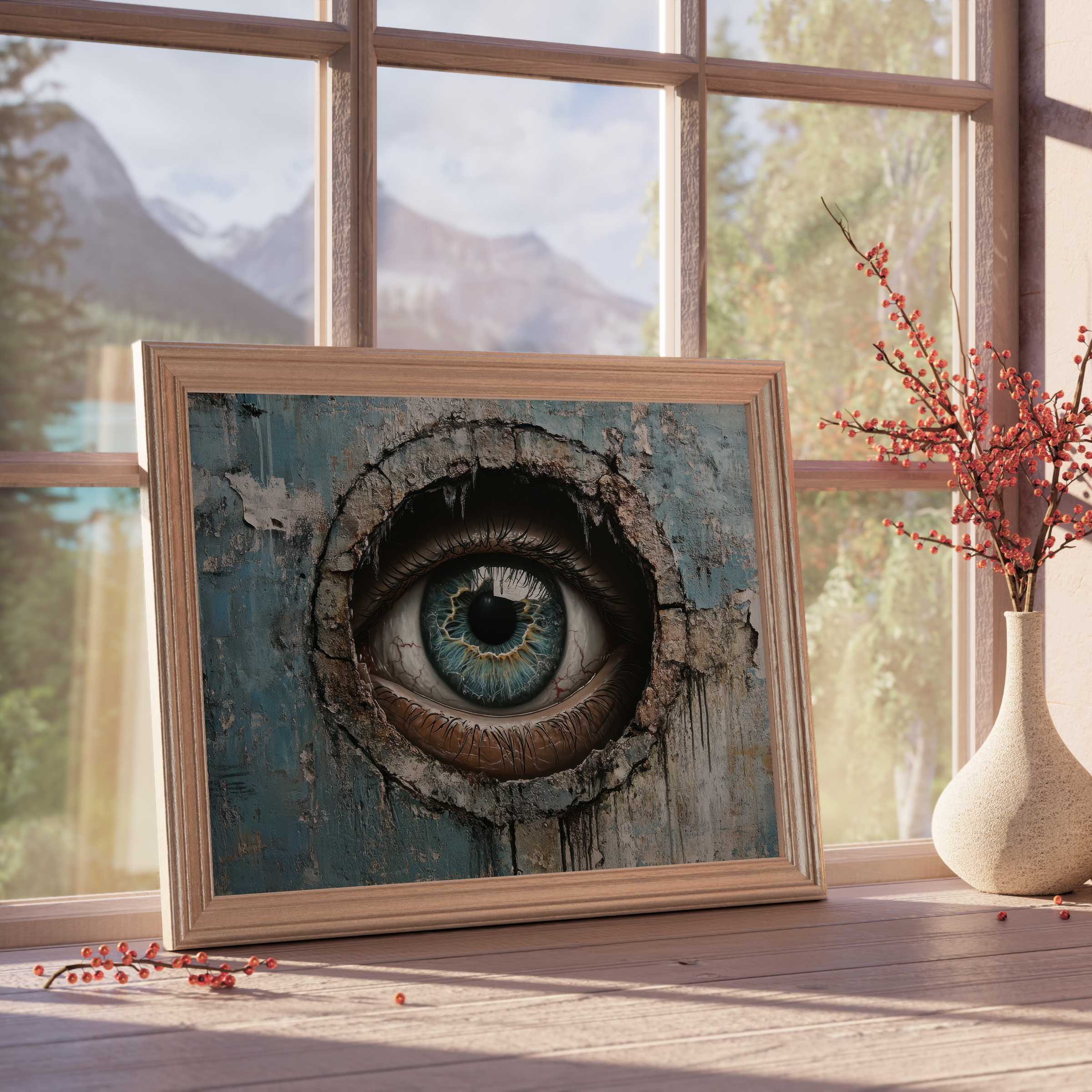 Surreal street art downloadable art featuring a captivating eye framed in rustic textures, elevating curated, modern interiors with bold, emotive allure