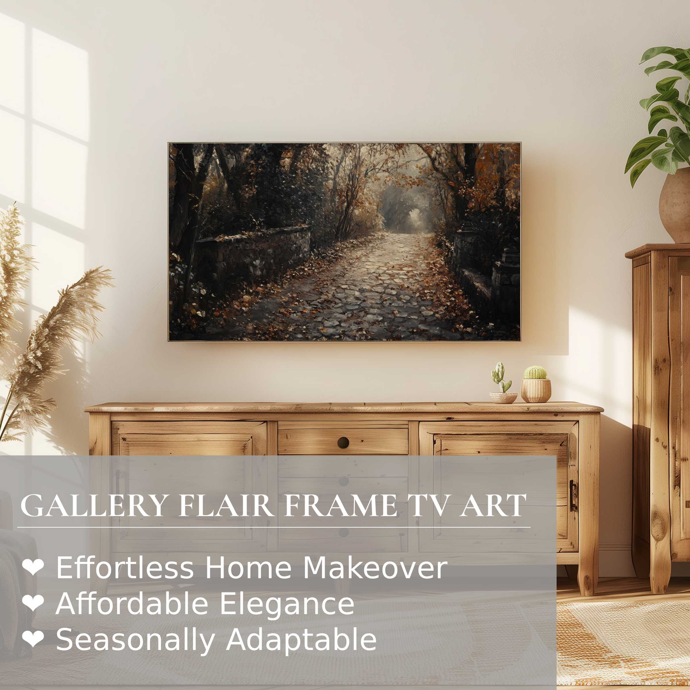 Samsung Frame TV displays a serene fall digital artwork of a rustic path, blending elegance with modern decor