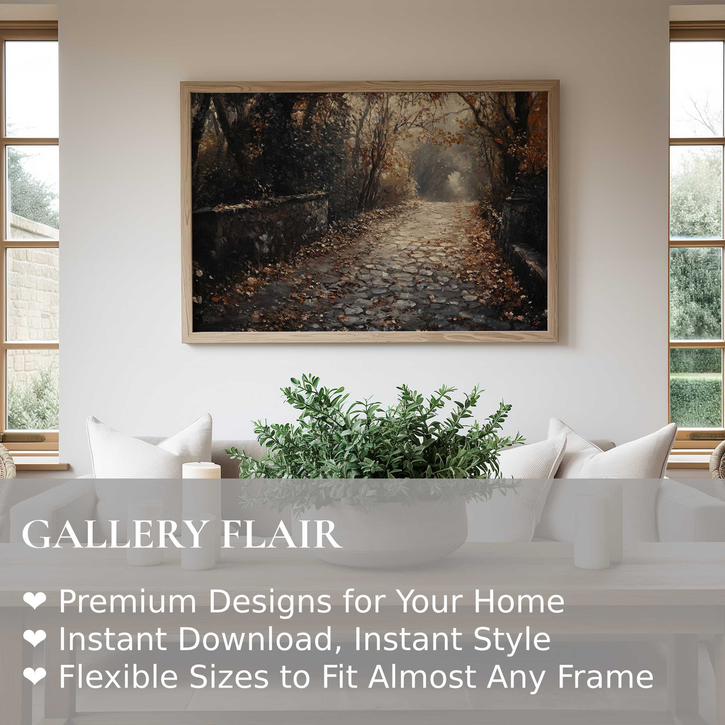 Fall wall art print featuring a radiant, textured autumn pathway in warm earthy tones, enriching modern minimalist interiors with cozy elegance