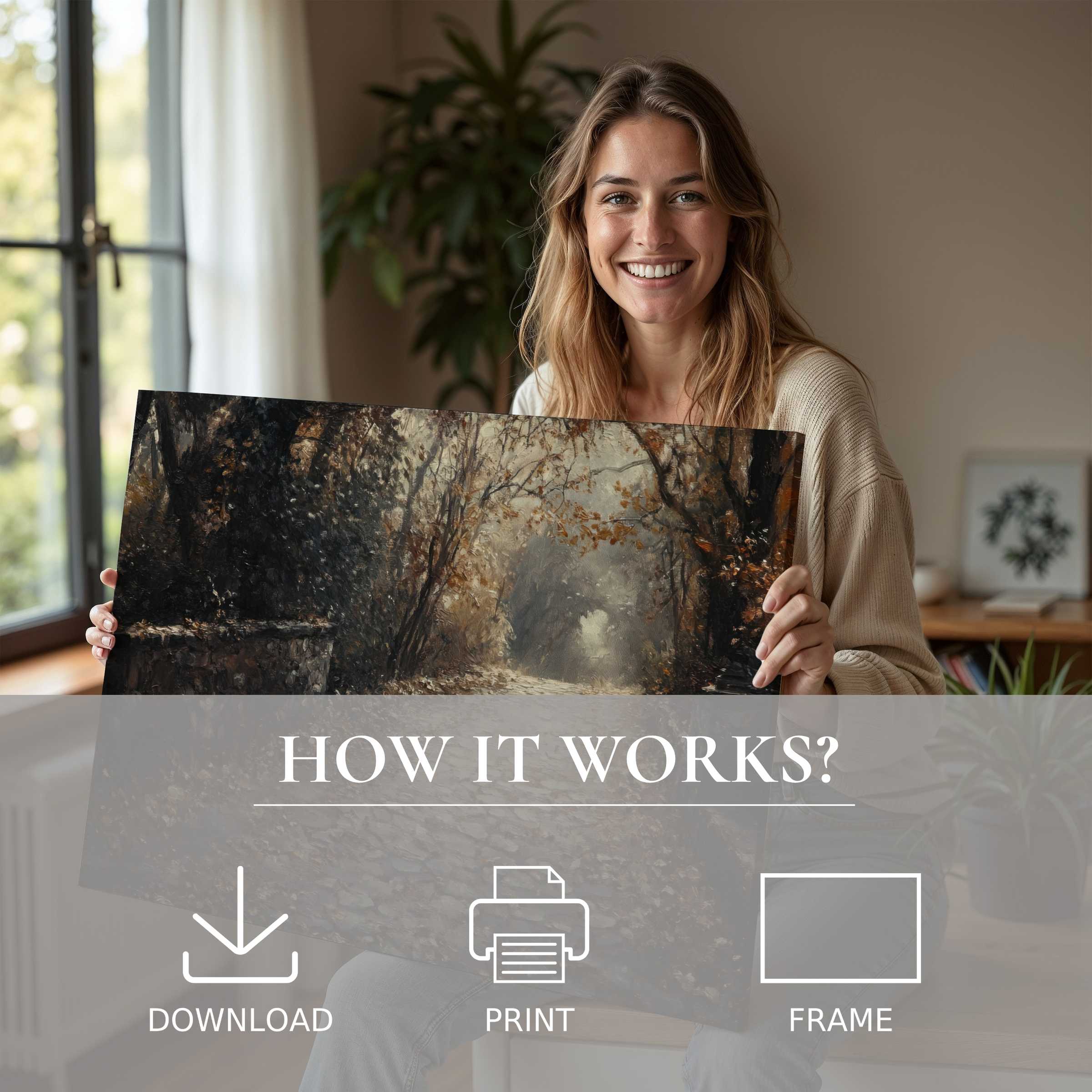 Woman radiates warmth beside a fall digital art print in a serene, sunlit modern home, embodying effortless joy in living with art