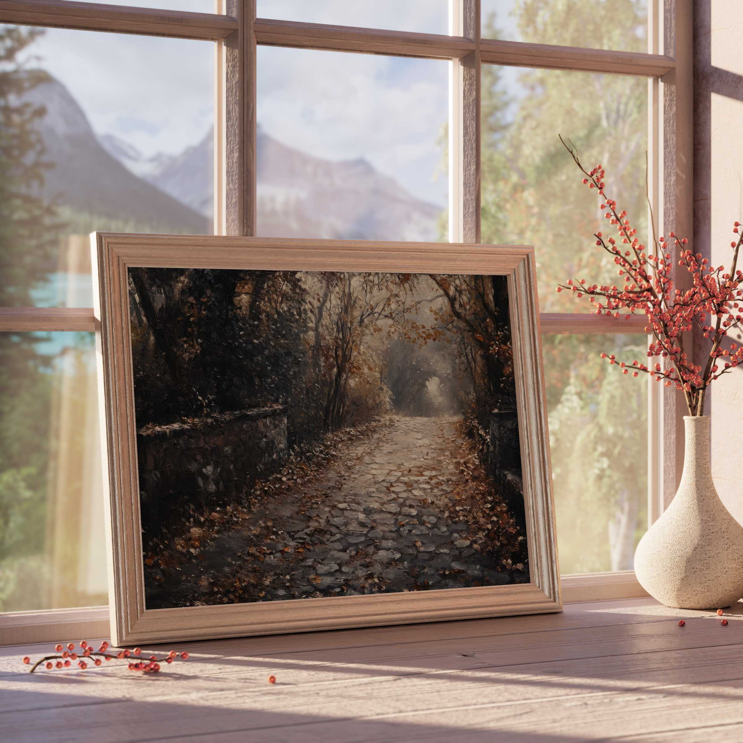 Fall downloadable art featuring a tranquil, cobblestone path framed by autumnal trees, enhancing serene, curated interiors